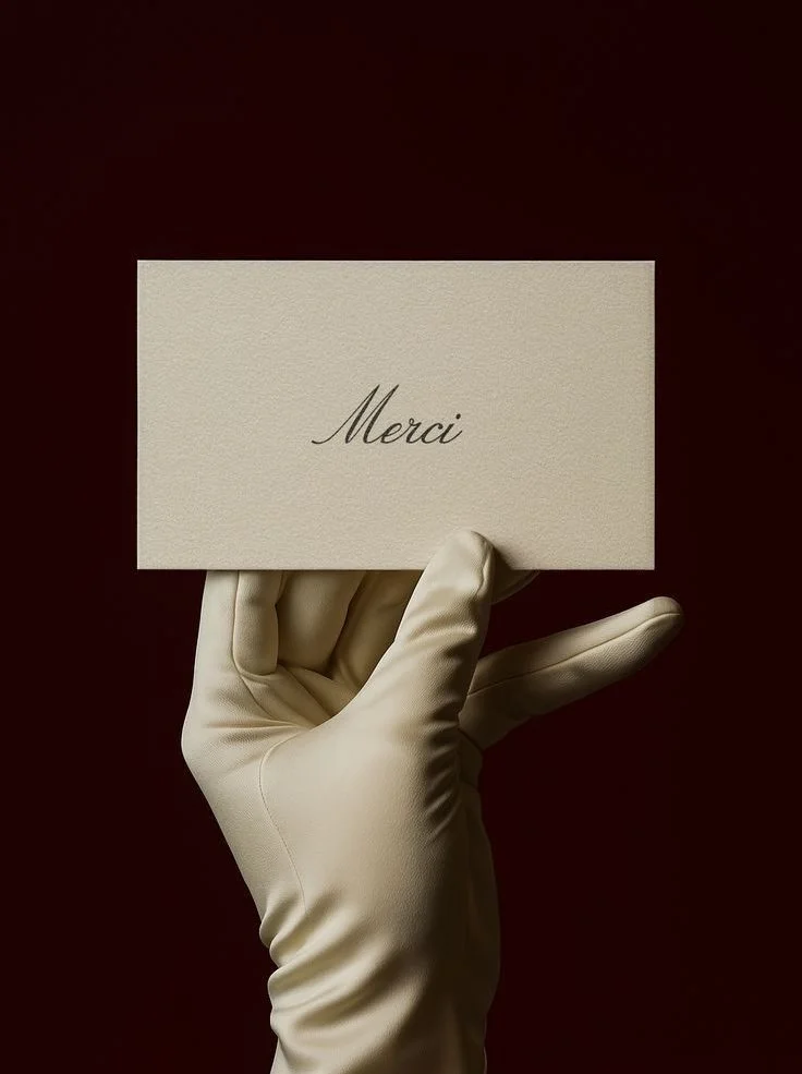 A gloved hand holding a small cream-colored card with the word 'Merci' written in elegant script, against a dark background.