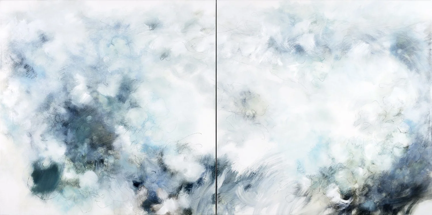 Diptych Large Painting of nature, oil, blue, green, white