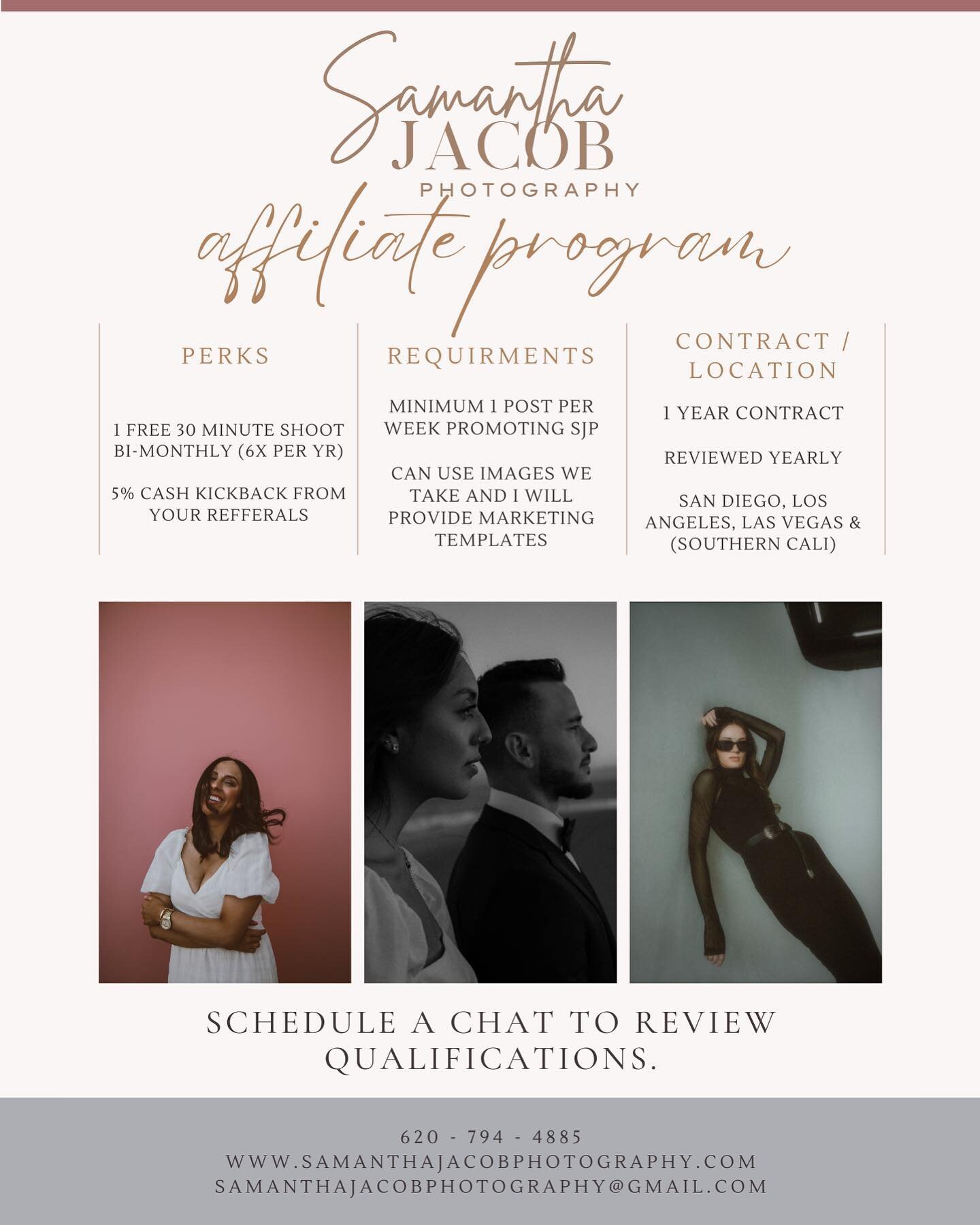 🚨 ATTENTION 🚨 
SAMANTHA JACOB PHOTOGRAPHY AFFILIATE PROGRAM IS NOW OPEN!

✨ What&rsquo;s the SJP affiliate program? Glad you asked. This program is a mutually beneficial program. 
An SJP affiliate will recieve:
- free 30 minute photoshoot bi-monthl