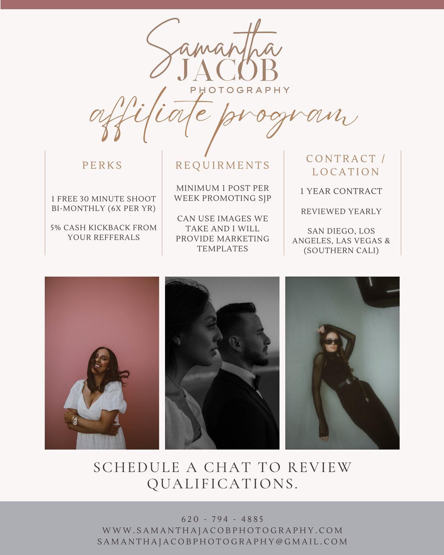🚨 ATTENTION 🚨 
@samanthajacobphotography AFFILIATE PROGRAM IS NOW OPEN!

✨ What&rsquo;s the SJP affiliate program? Glad you asked. This program is a mutually beneficial program. 
An SJP affiliate will recieve:
- free 30 minute photoshoot bi-monthly