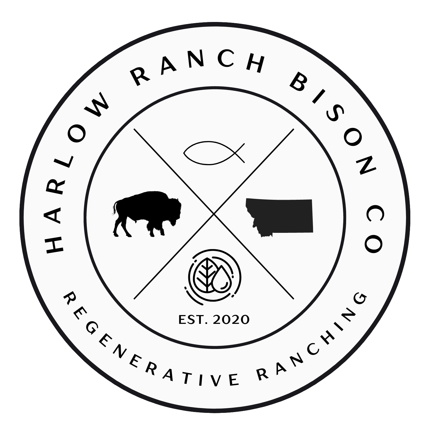Round logo for Harold W Ranch Co, featuring a black buffalo, a black Mississippi state outline, a fish symbol, and a leaf with water drop symbol, with EST. 2020 and the words 'Regenerative Ranching' and 'Hobby Ranch Bison Co'.