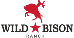 Logo for Wild Bison Ranch featuring a red bison above the text, with a star and green accents.