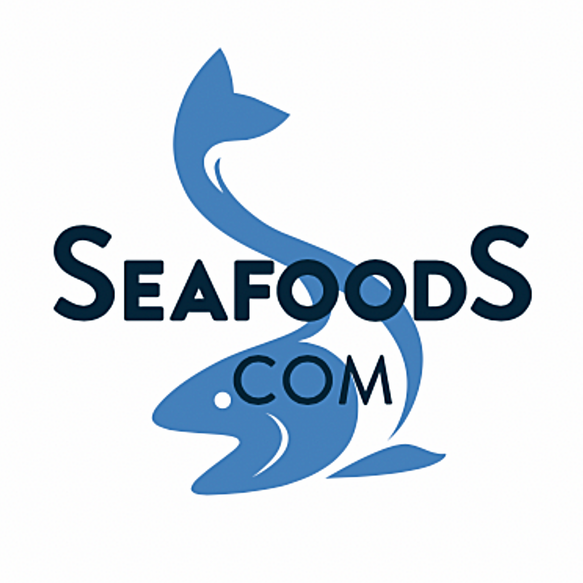 Logo with two blue fish surrounding the text 'Seafoods.com'