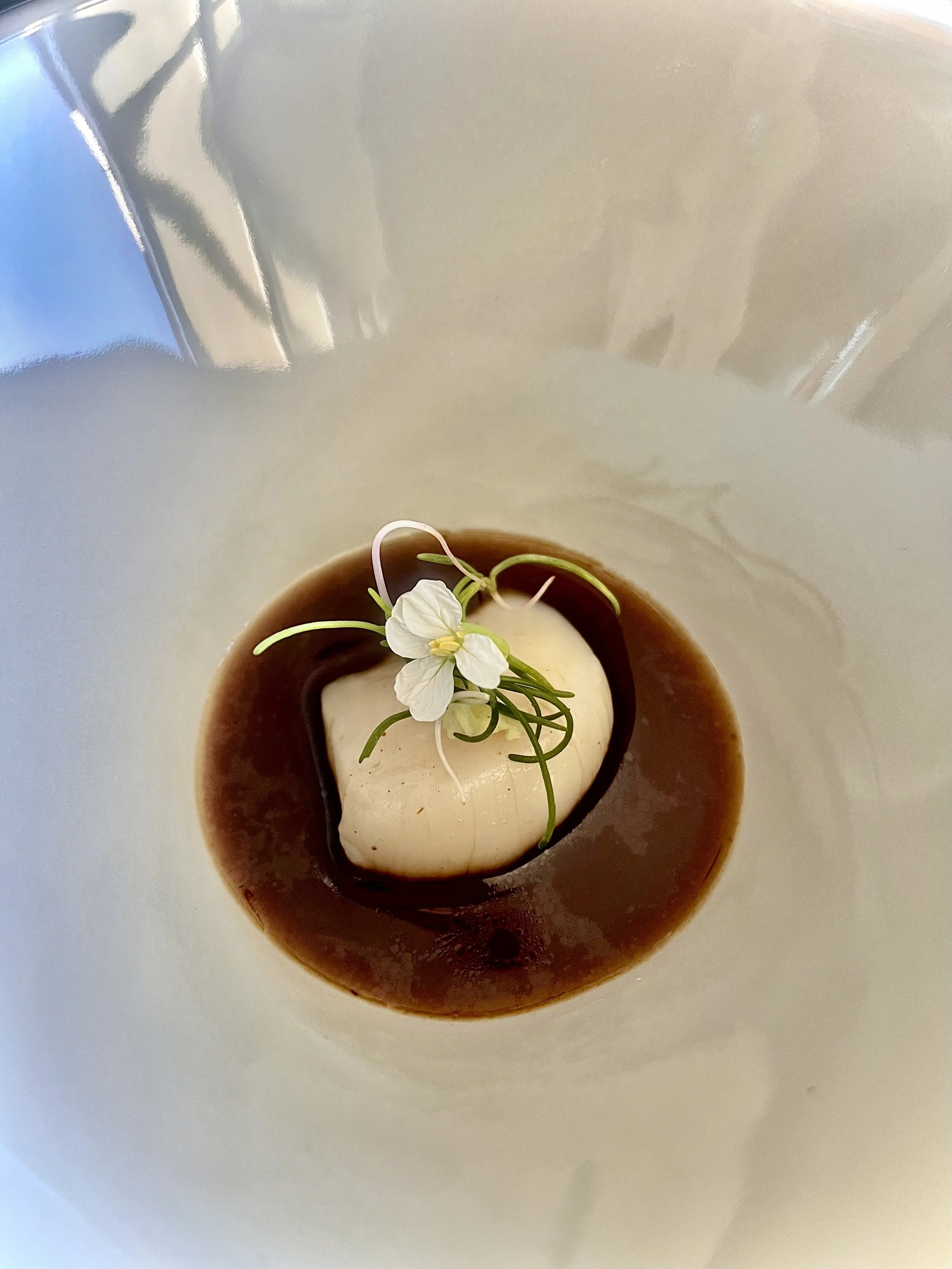 A plated gourmet dish featuring a white piece of cheese or tofu, topped with a white flower and green garnish, surrounded by a dark brown sauce on a white plate.
