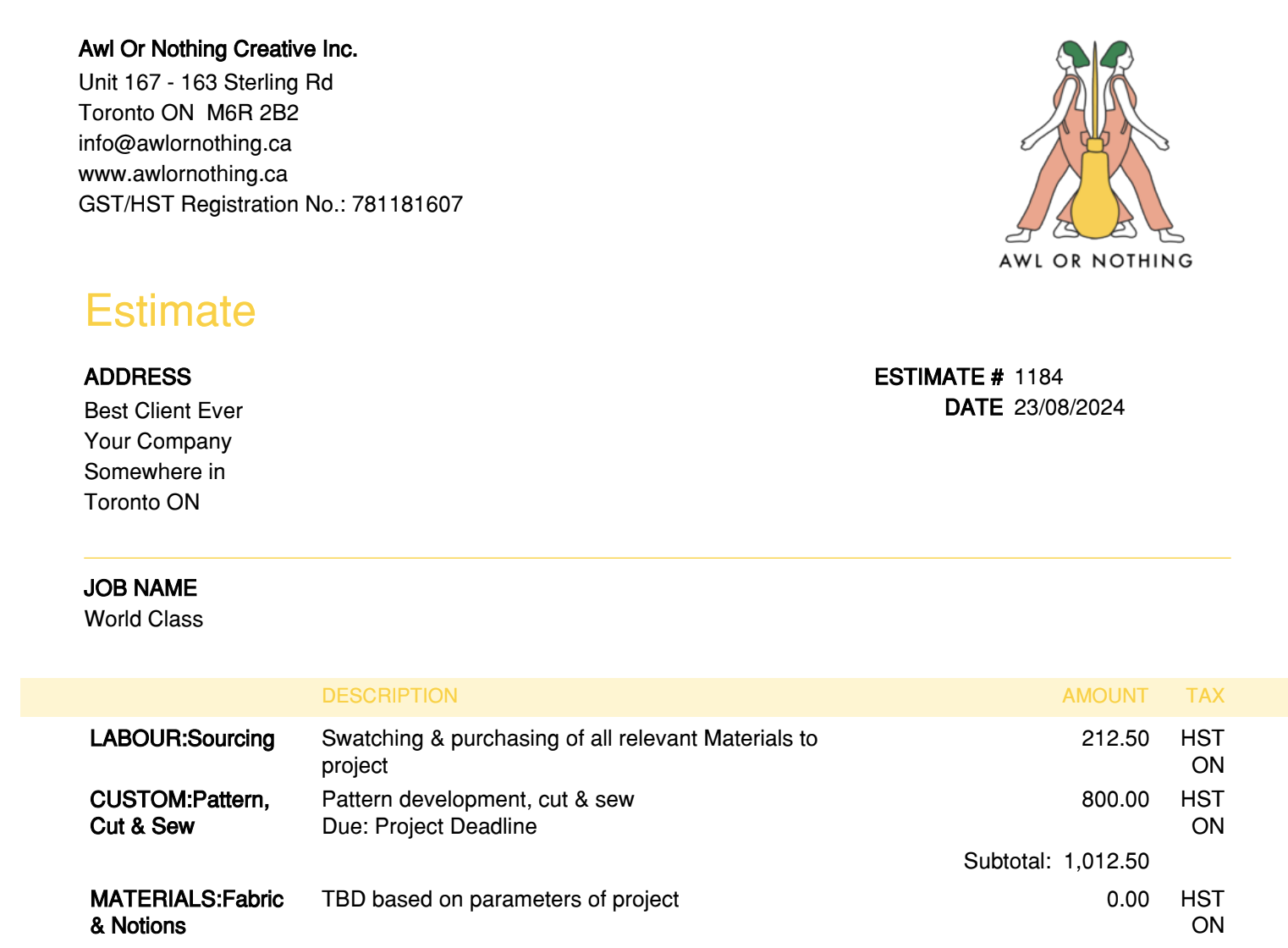 Image of a template Project Estimate, AON Logo of two back to bacEstimate template, listing business name and address, client details, and subject lines for "Labour: Sourcing"," Custom: Pattern, Cut, Sew", and "Materials".
