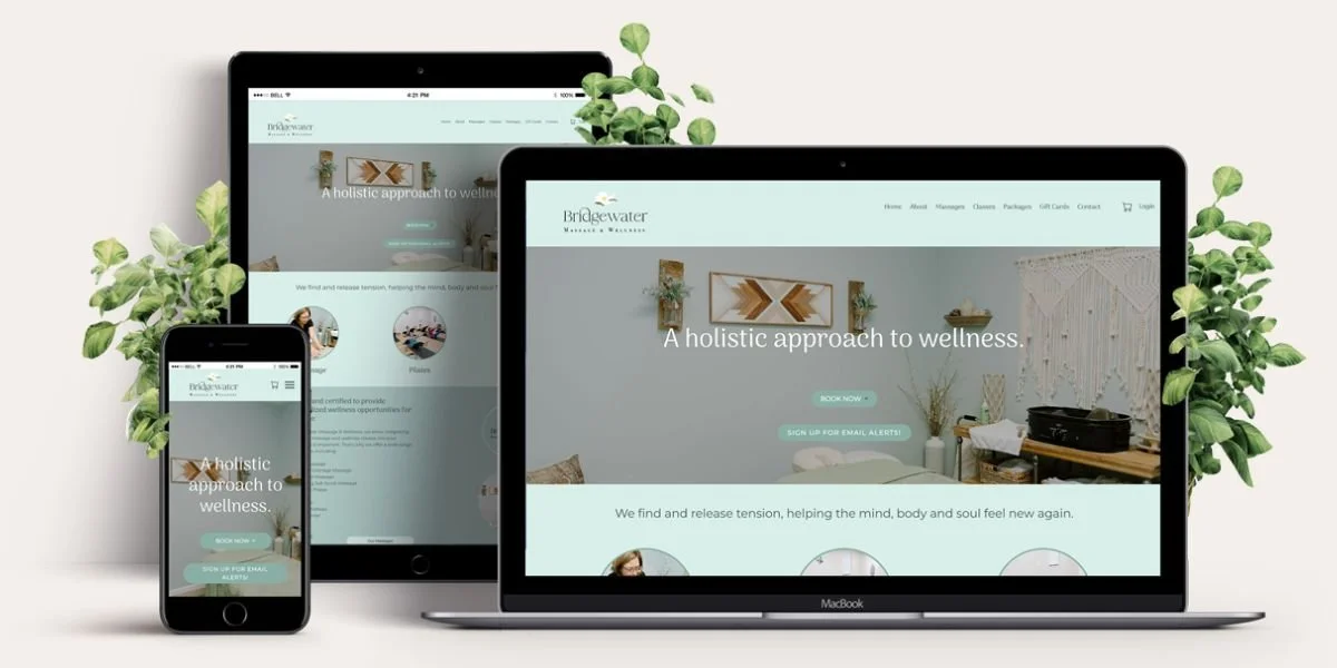 New home page is mocked up on mobile, tablet, and laptop, with plant accents on the left, top middle, and right.