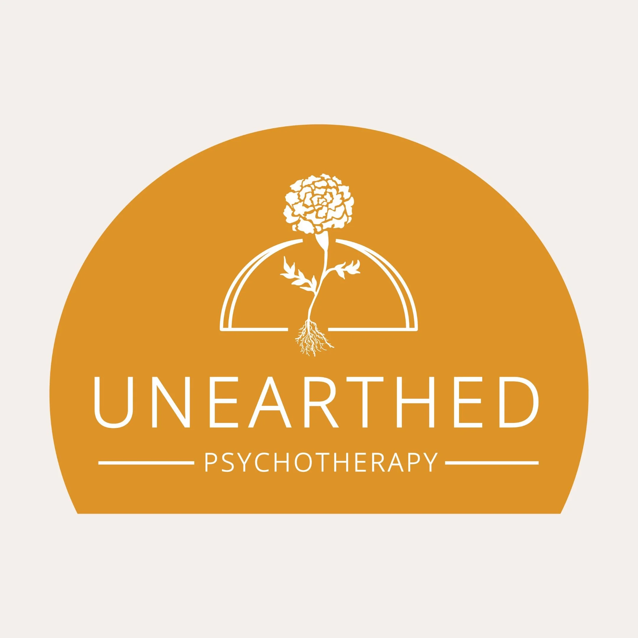 All white Unearthed Psychotherapy logo placed over an orange semi circle