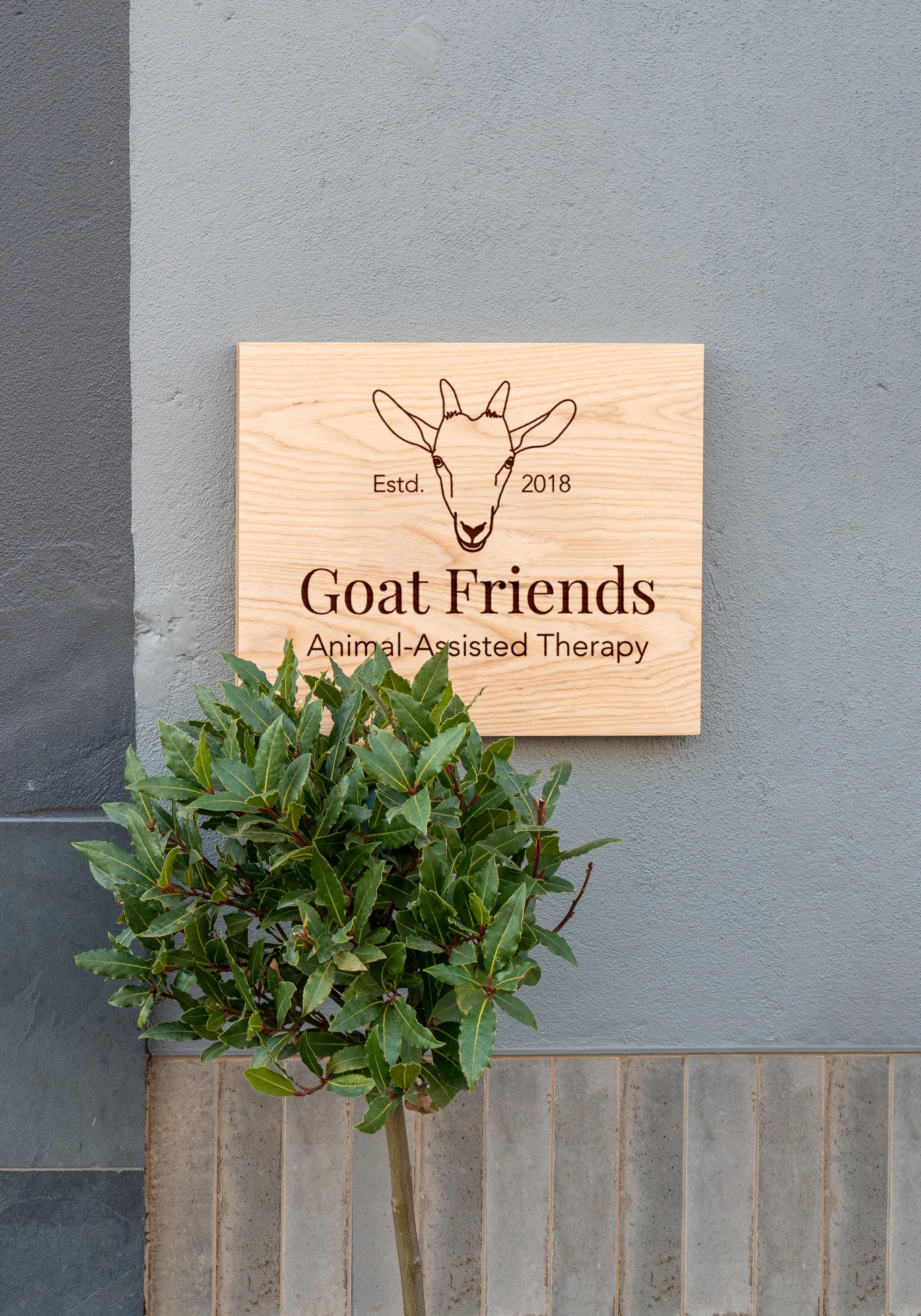 Goat Friends logo is mocked up on a wooden sign placed on a gray exterior wall, with a green plant partially obscuring the bottom left of the sign.