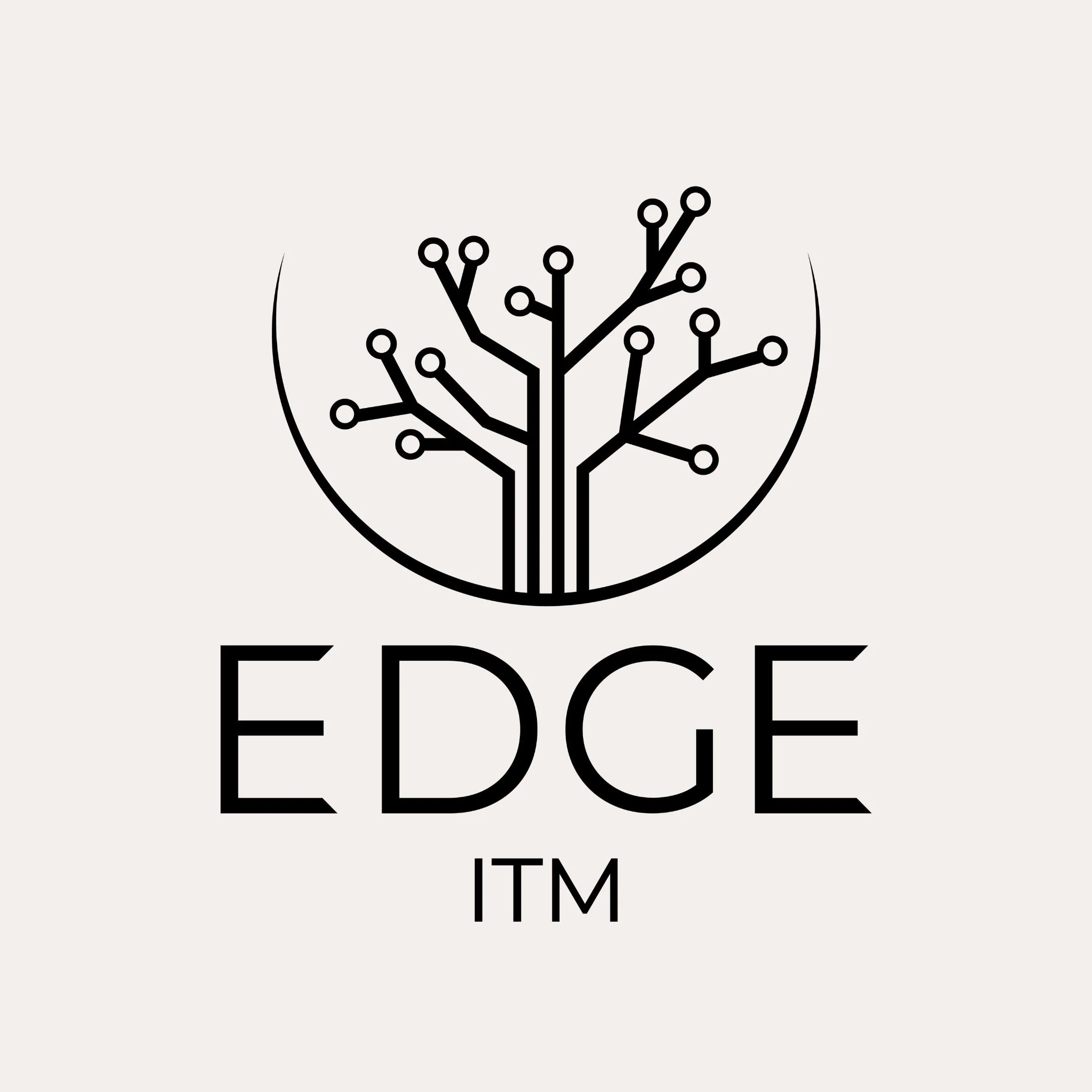 All black logo for "EDGE ITM" business featuring the name centered underneath a tree with circuits serving as branches and leaves.
