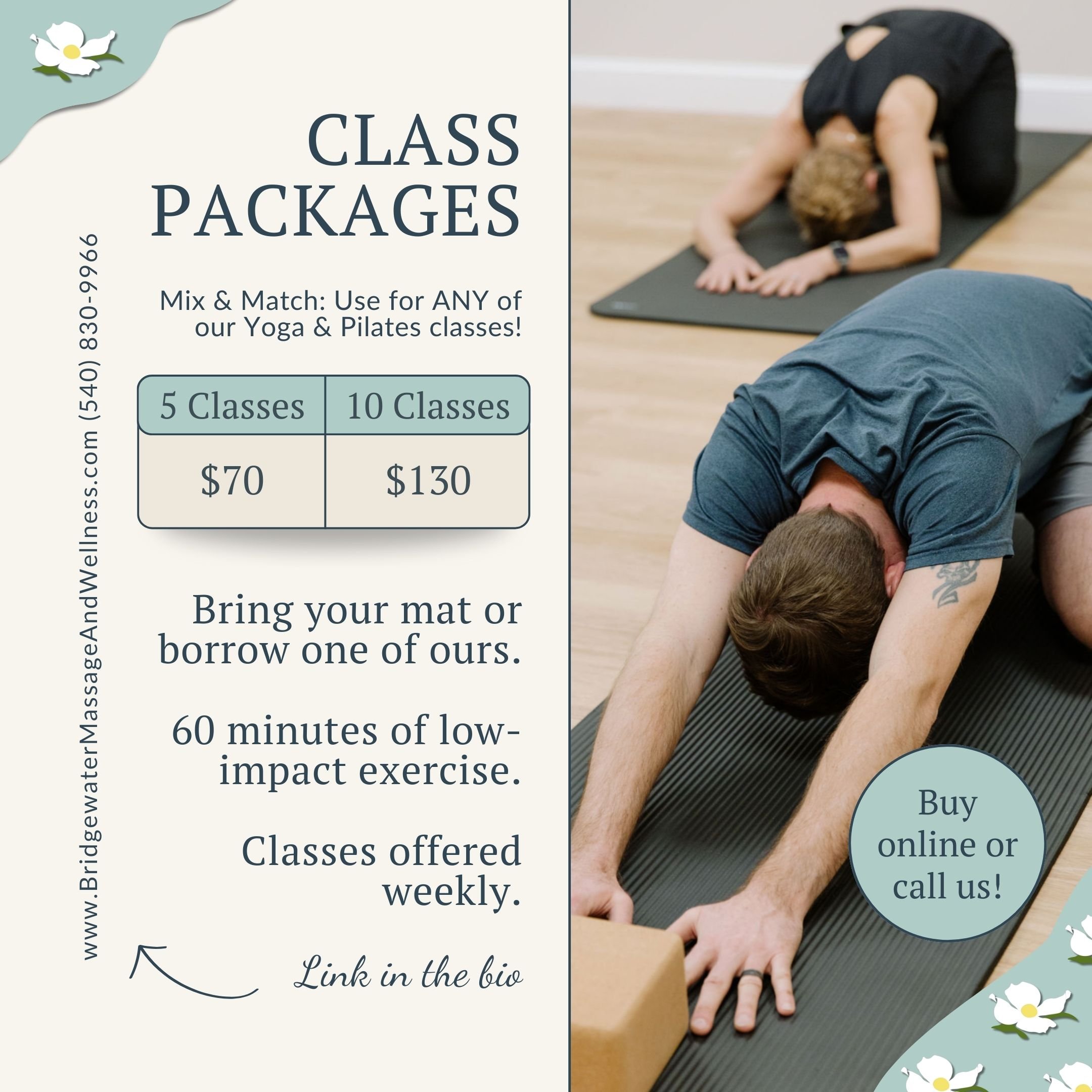 Class attendees in downward position on yoga mats on right with "CLASS PACKAGES" and information on left.