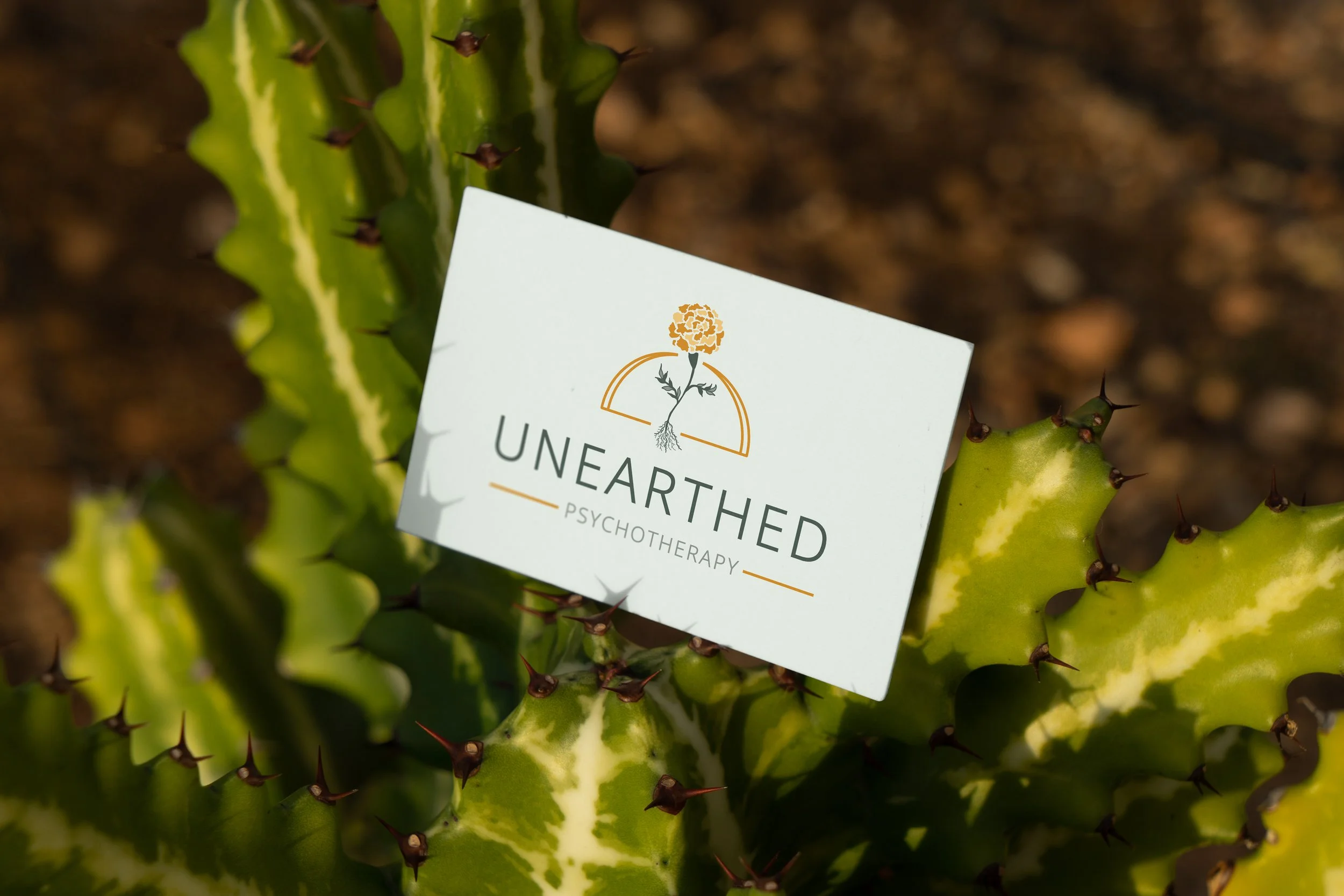 Cactus with business card featuring Unearthed Psychotherapy's logo, an orange marigold with exposed roots in front of an orange semi circle, "Unearthed" underneath, & "Psychotherapy" between orange lines below that.