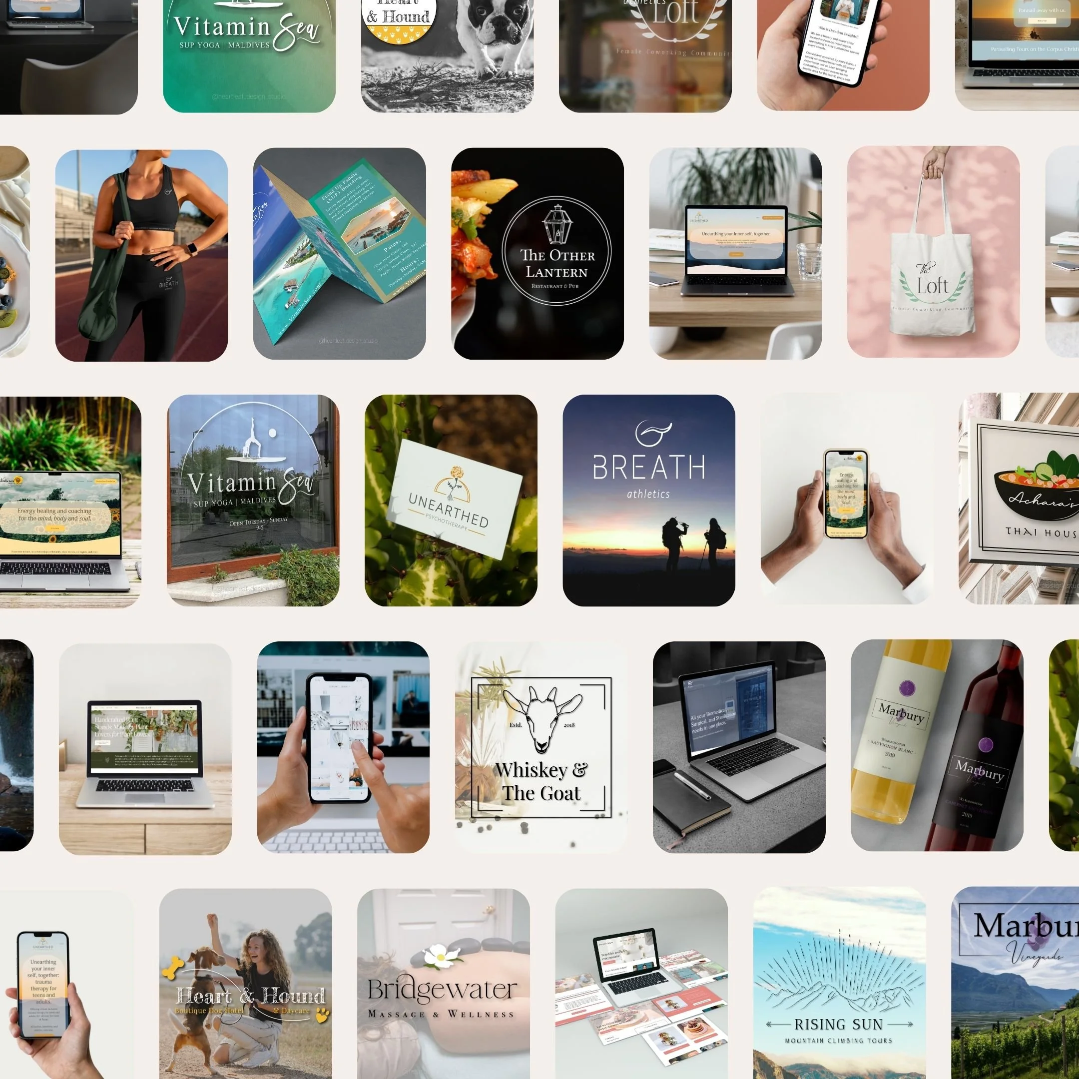 Collage image with multiple rectangles depicting past website and logo design work. See portfolios for more!