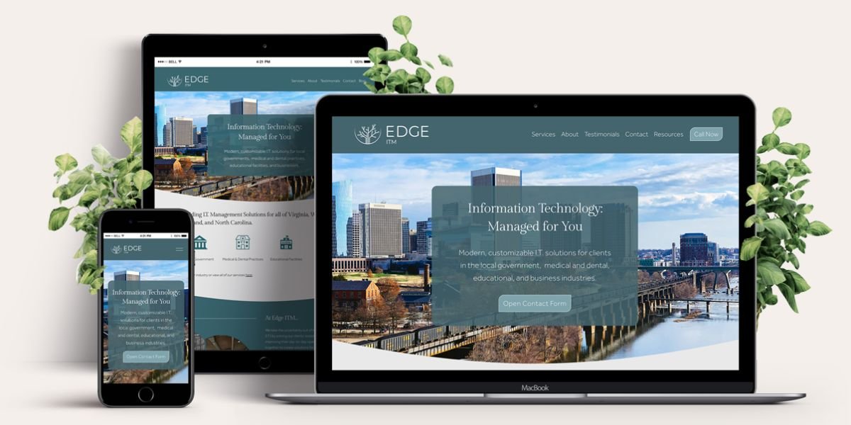 Home page of website with Edge's logo shown on a mobile device, tablet, and laptop, with plant accents on the left, top middle, and right.