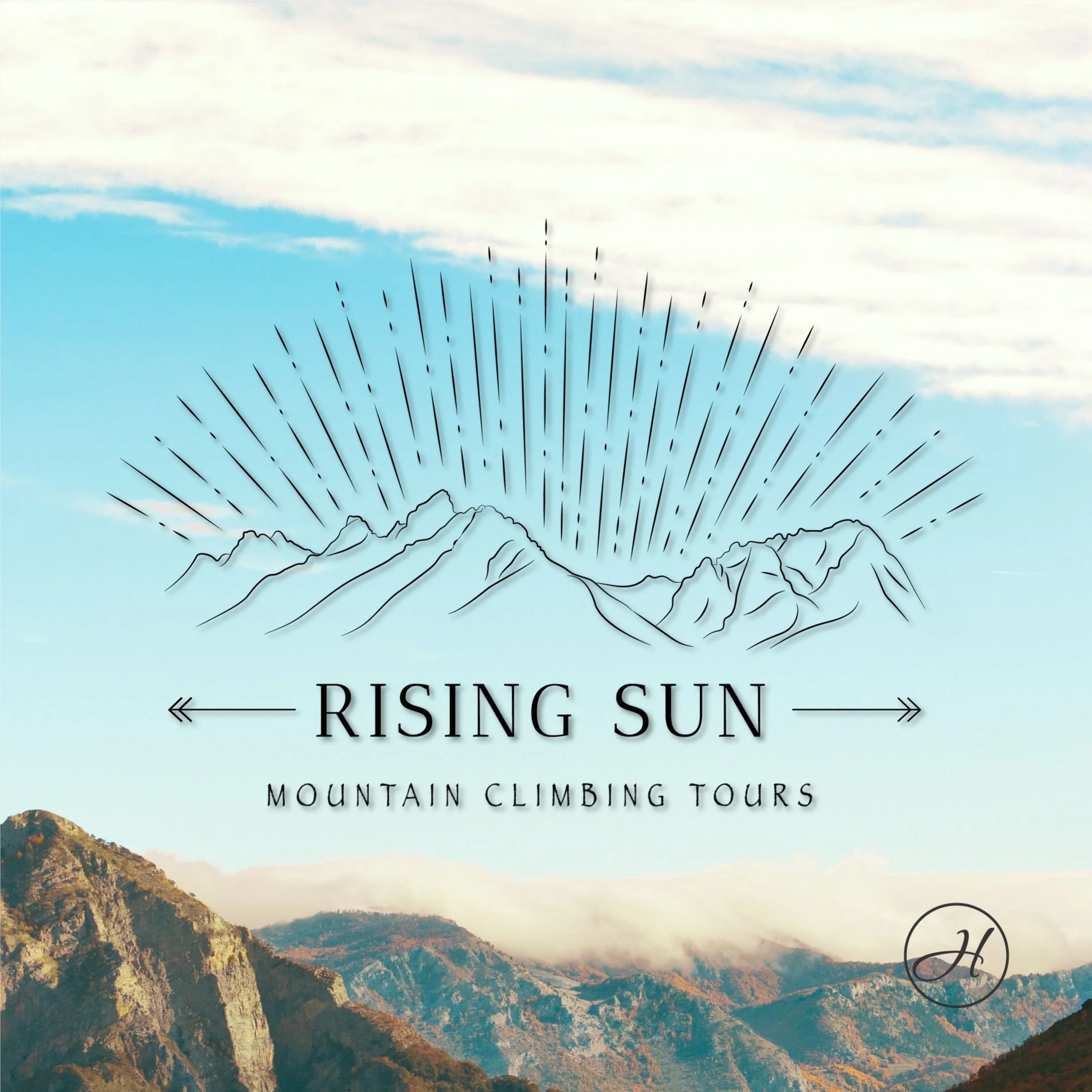 Image Alt Text: Rising Sun Mountain Climbing Tours logo is placed over an image depicting mountain tops near the bottom and a blue sky with white clouds above. Logo: A black outline of mountains with black lines above representing the sunrise. Below 