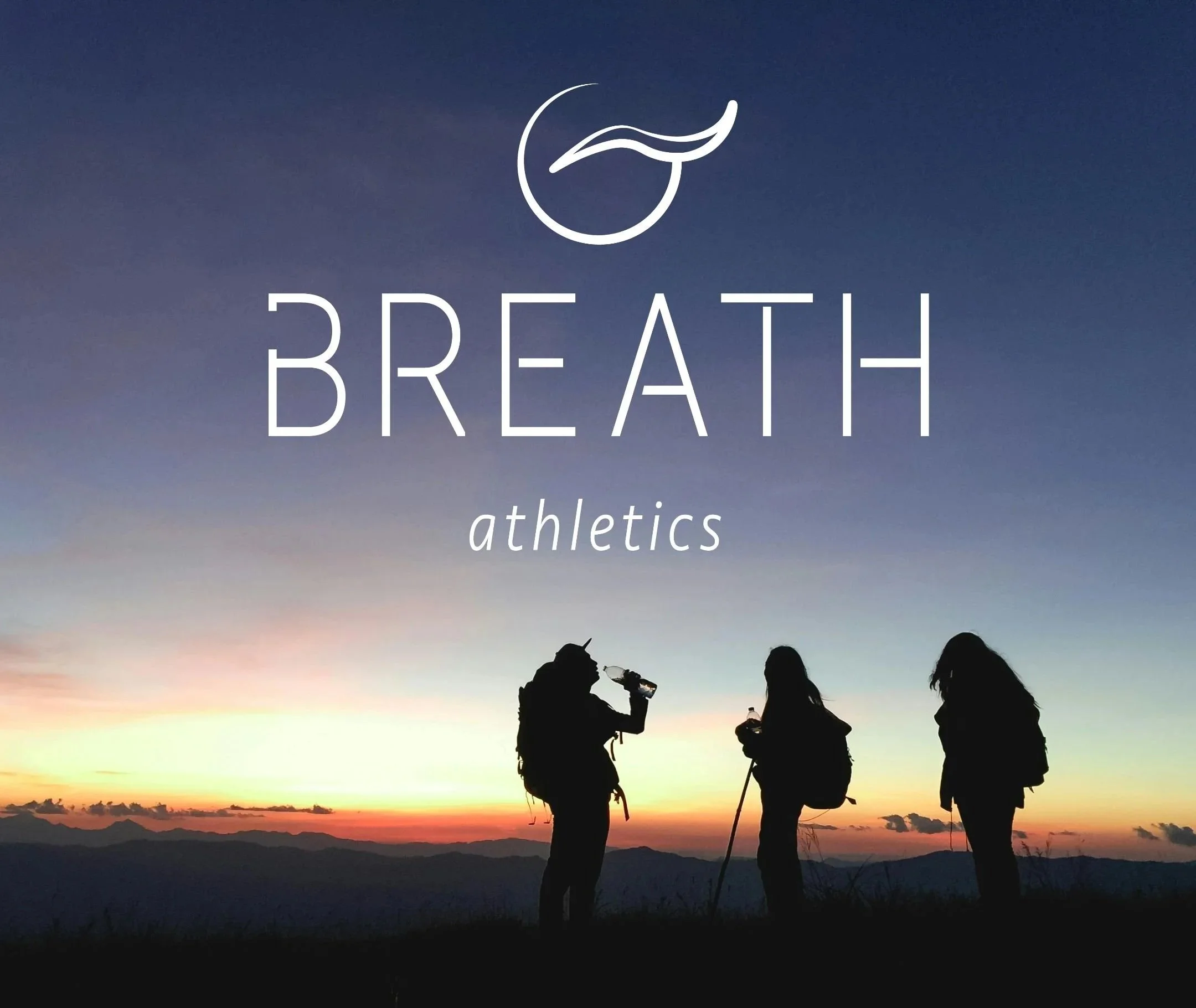 Silhouettes of three people hiking with backpacks and walking sticks during sunset in a mountain landscape. BREATH athletics logo is above.