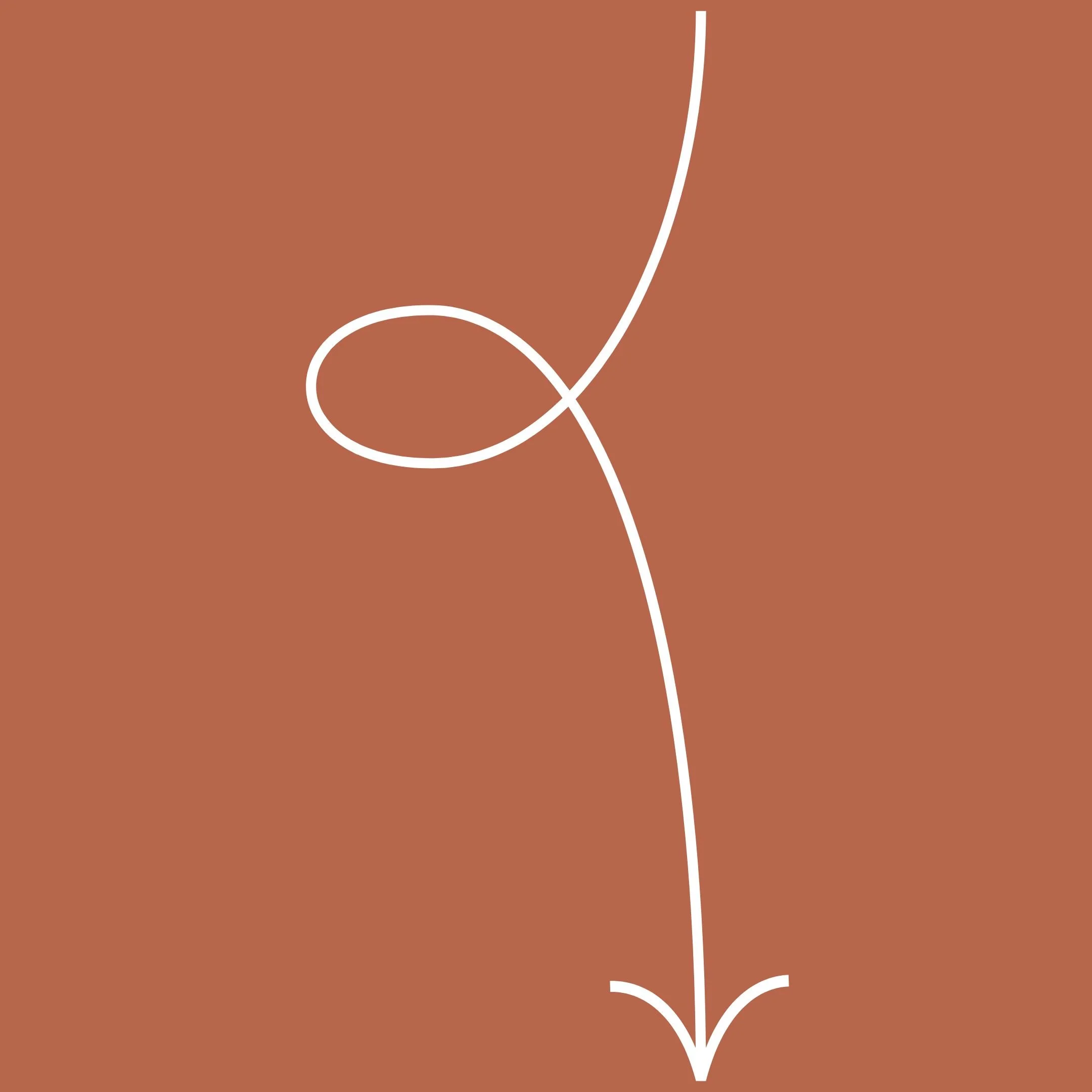 Minimalist abstract illustration with a brown background, featuring a white curved line resembling a flower stem and a large petal shape.