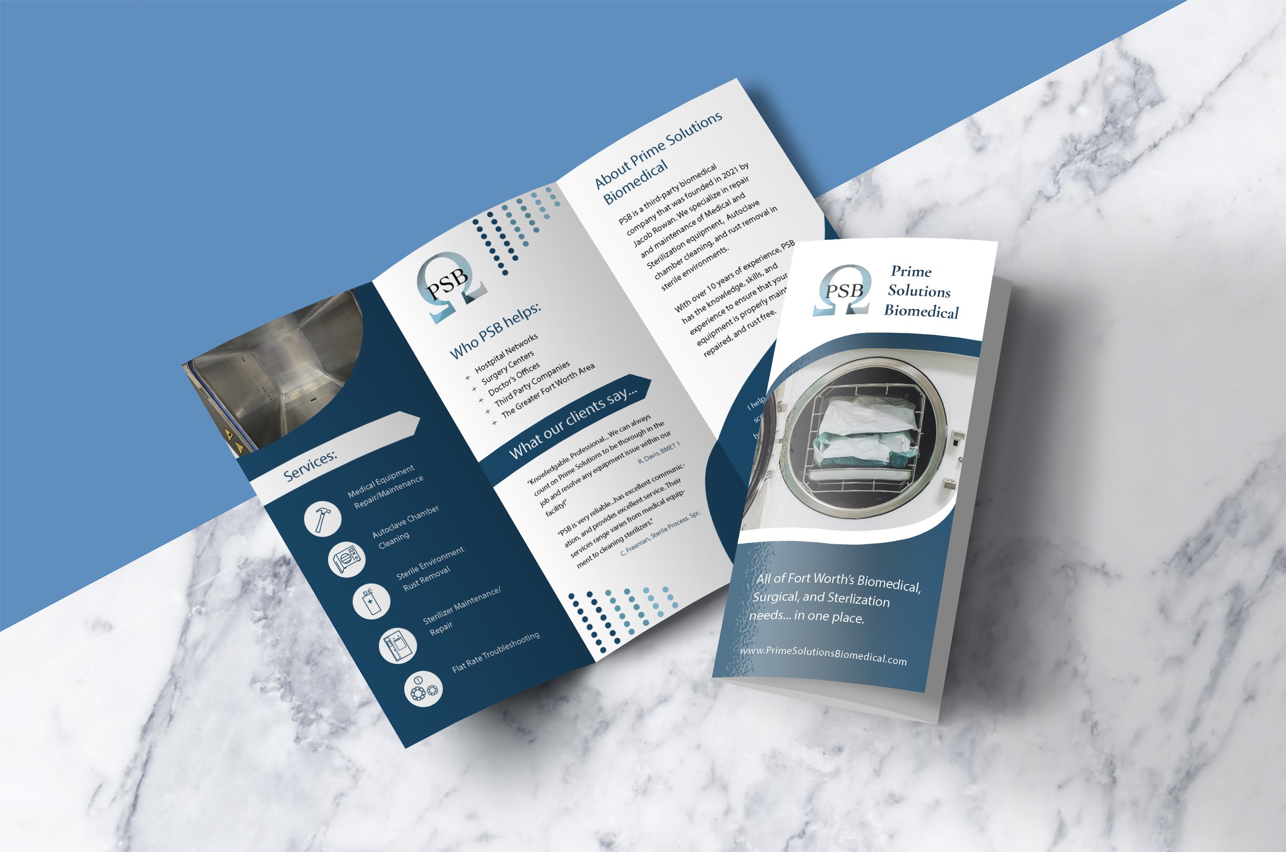 Trifold brochure is opened, lying flat on a marble counter with a blue background. Features business' services, service icons, reviews, and "about." A closed brochure lies over the bottom right edge of opened brochure, showing partial front design.