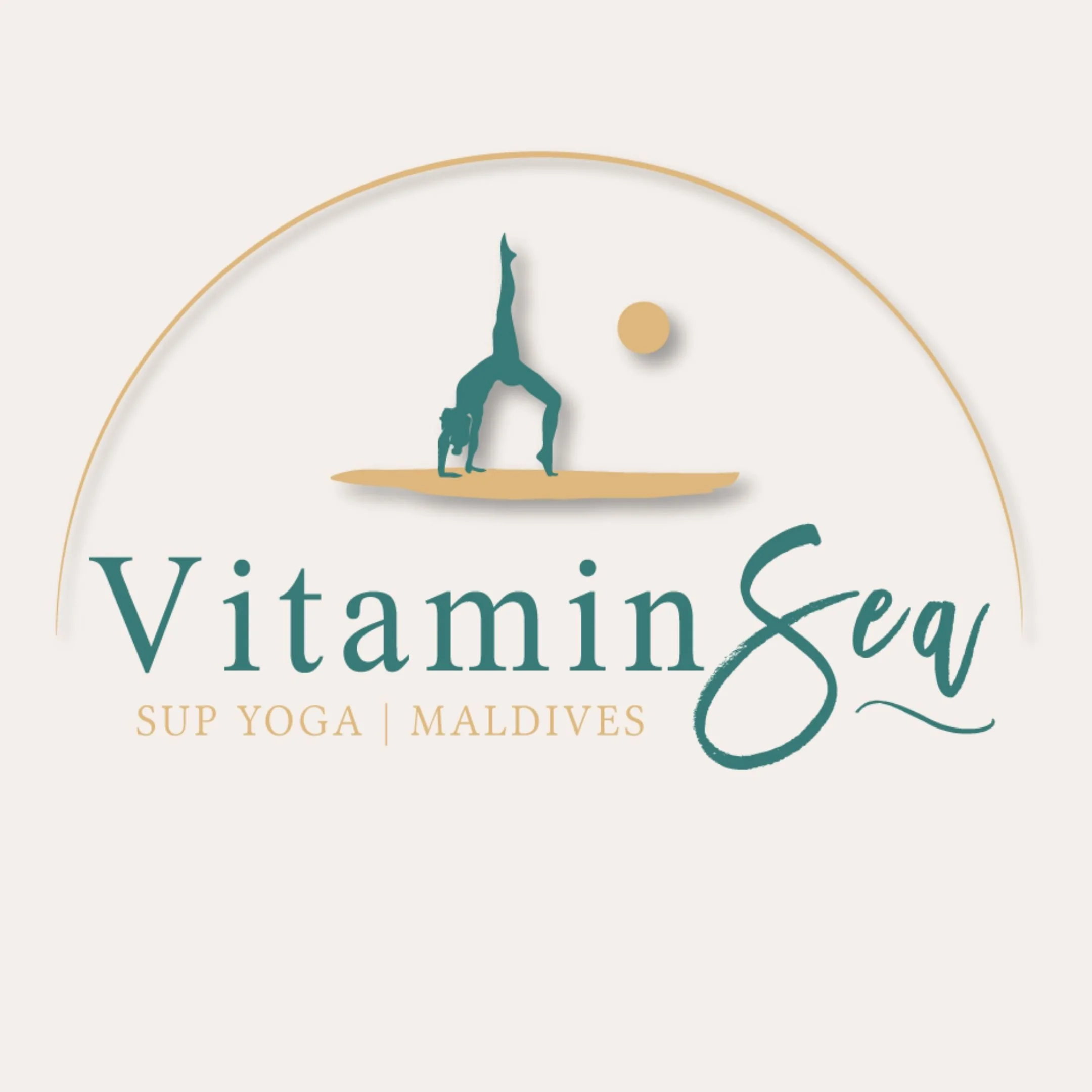 A blue paddle boarder in yoga pose on yellow board with yellow sun to right and yellow semi circle above. Design is centered over "Vitamin Sea" in blue and "SUP YOGA | MALDIVES" in yellow.