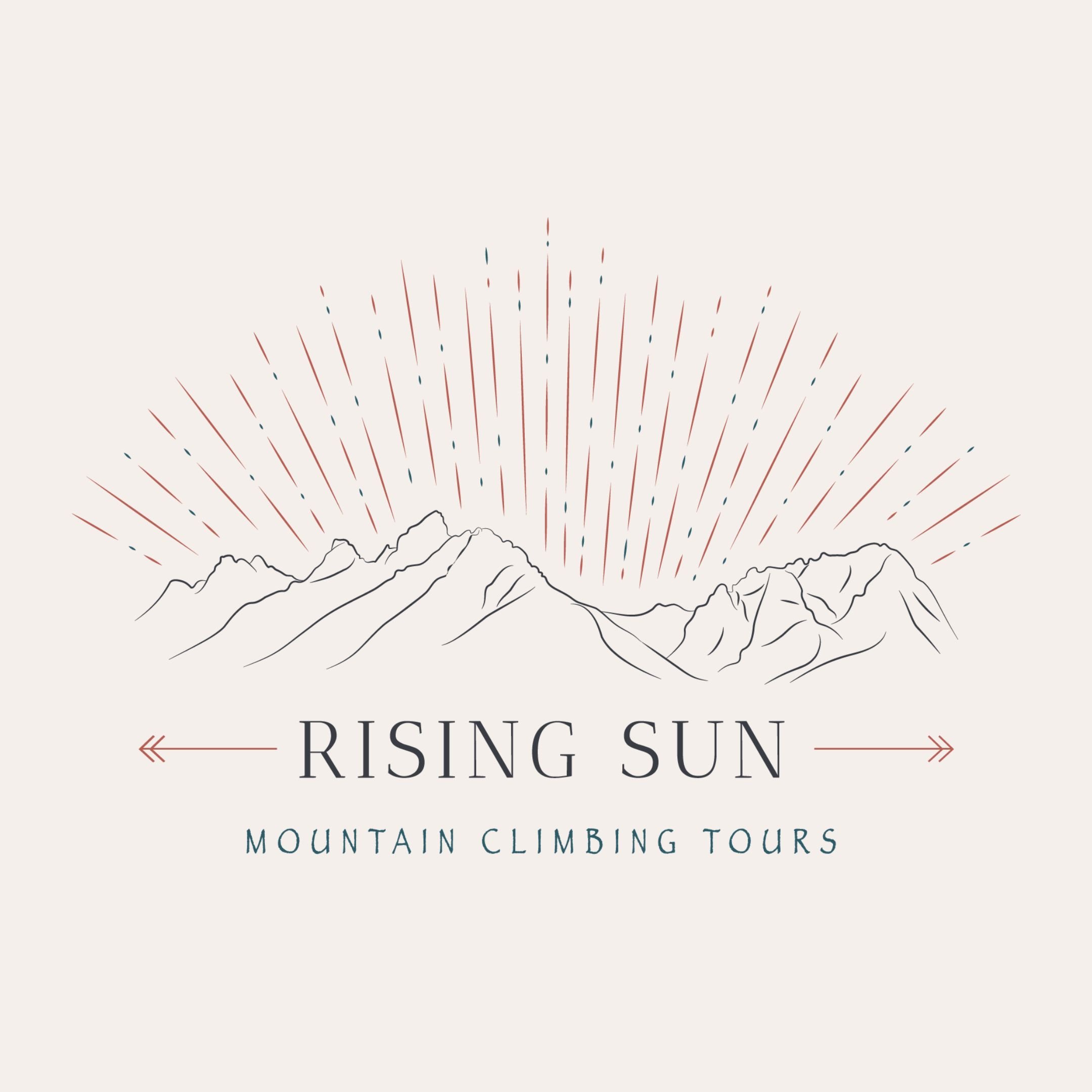 Black outline of mountains with red & black lines above to represent rising sun. Mountain design centered above "RISING SUN" in black letters with red arrows on either side pointing away from words. Centered above black "MOUNTAIN CLIMBING TOURS"