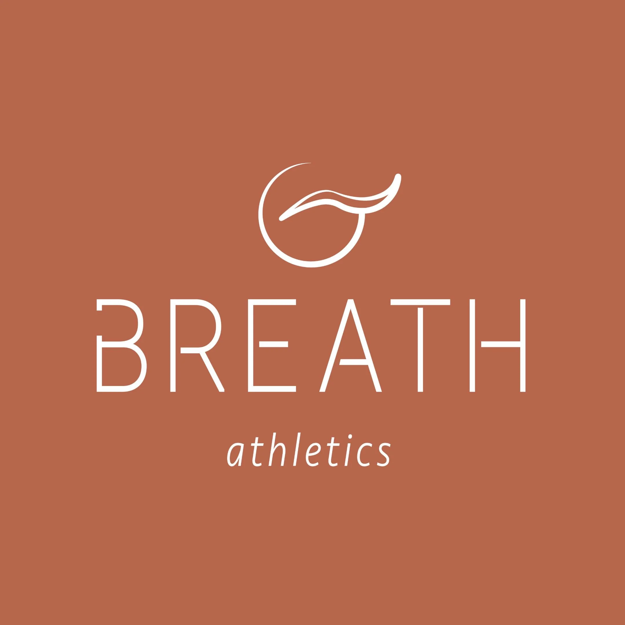 All white logo for BREATH athletics, featuring an incomplete circle with a swish through the right, representing air/breath, and the business name below.
