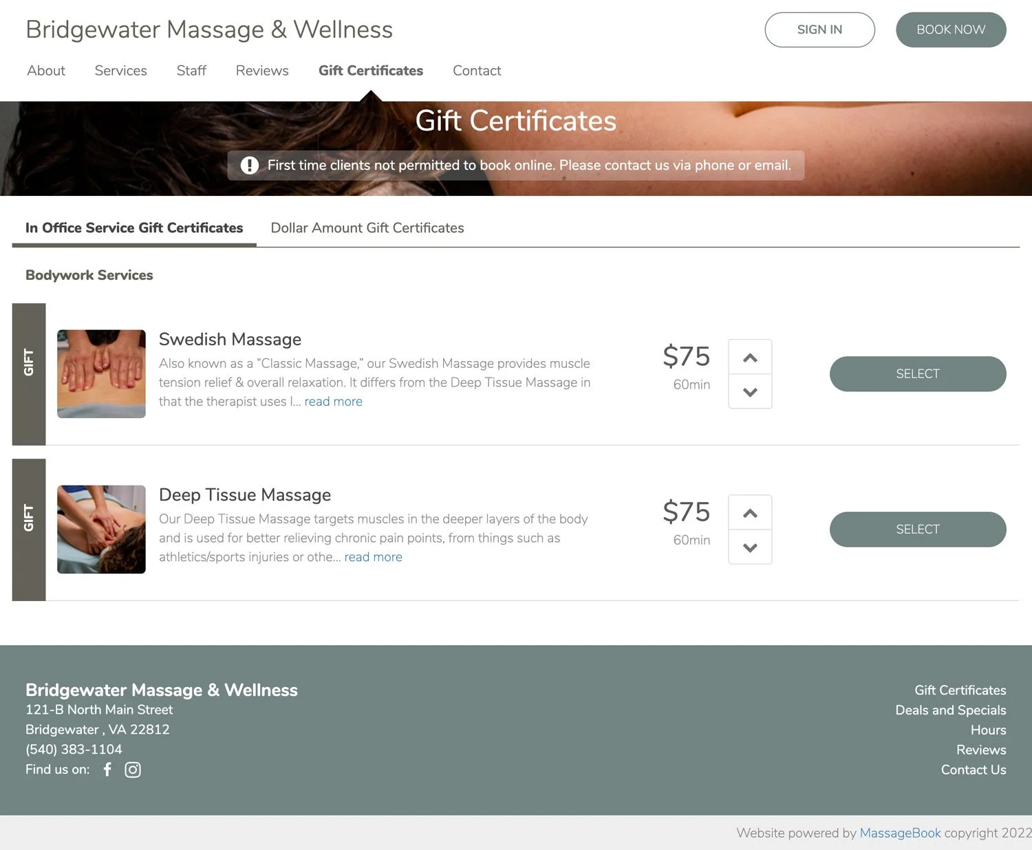 Custom MassageBook Website Design for Small Business - Heartleaf Design Studio, Bridgewater, Virginia