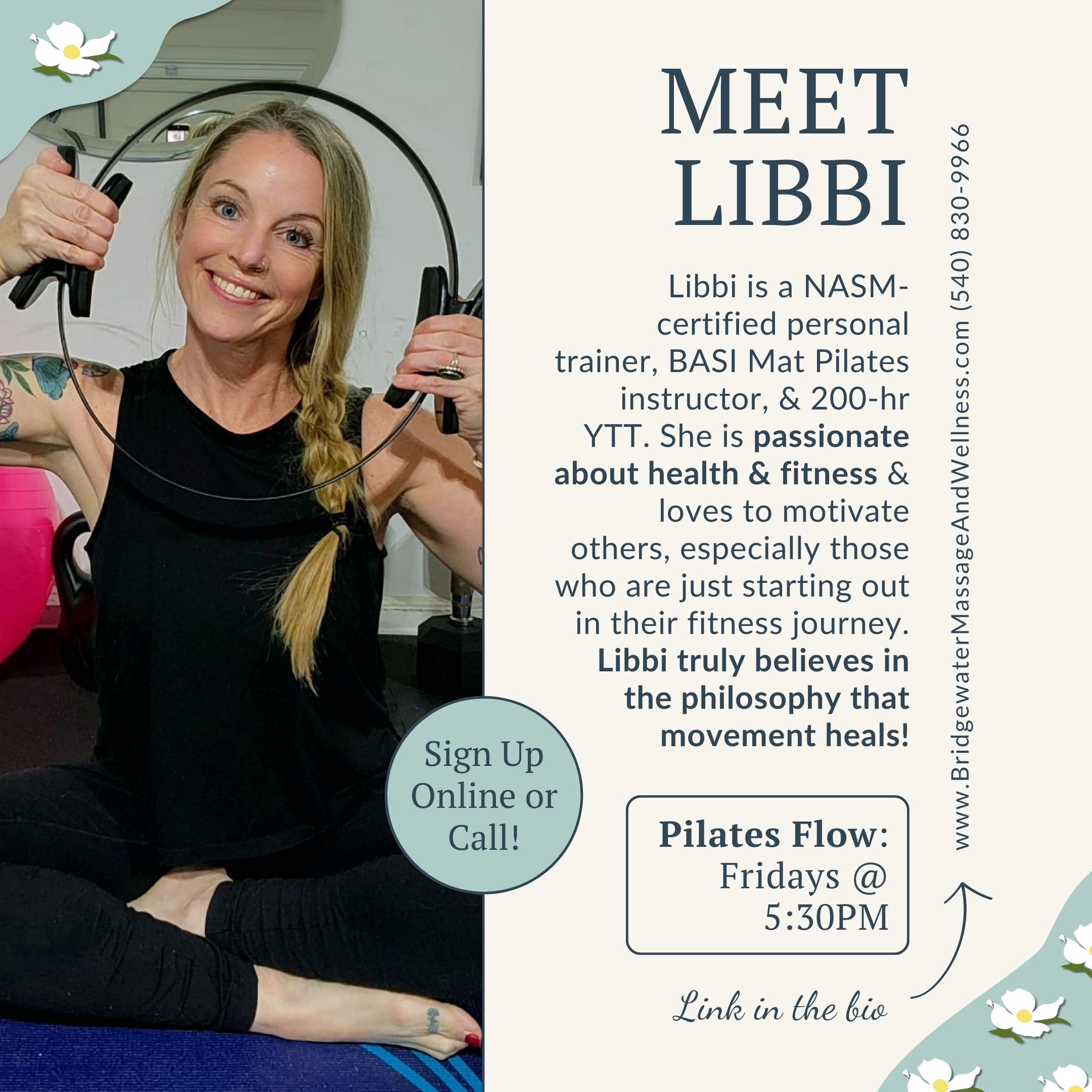 Social media graphic introducing class instructor (shown on left, wearing all black with blonde braid, holding pilates ring over face) and text info on right.