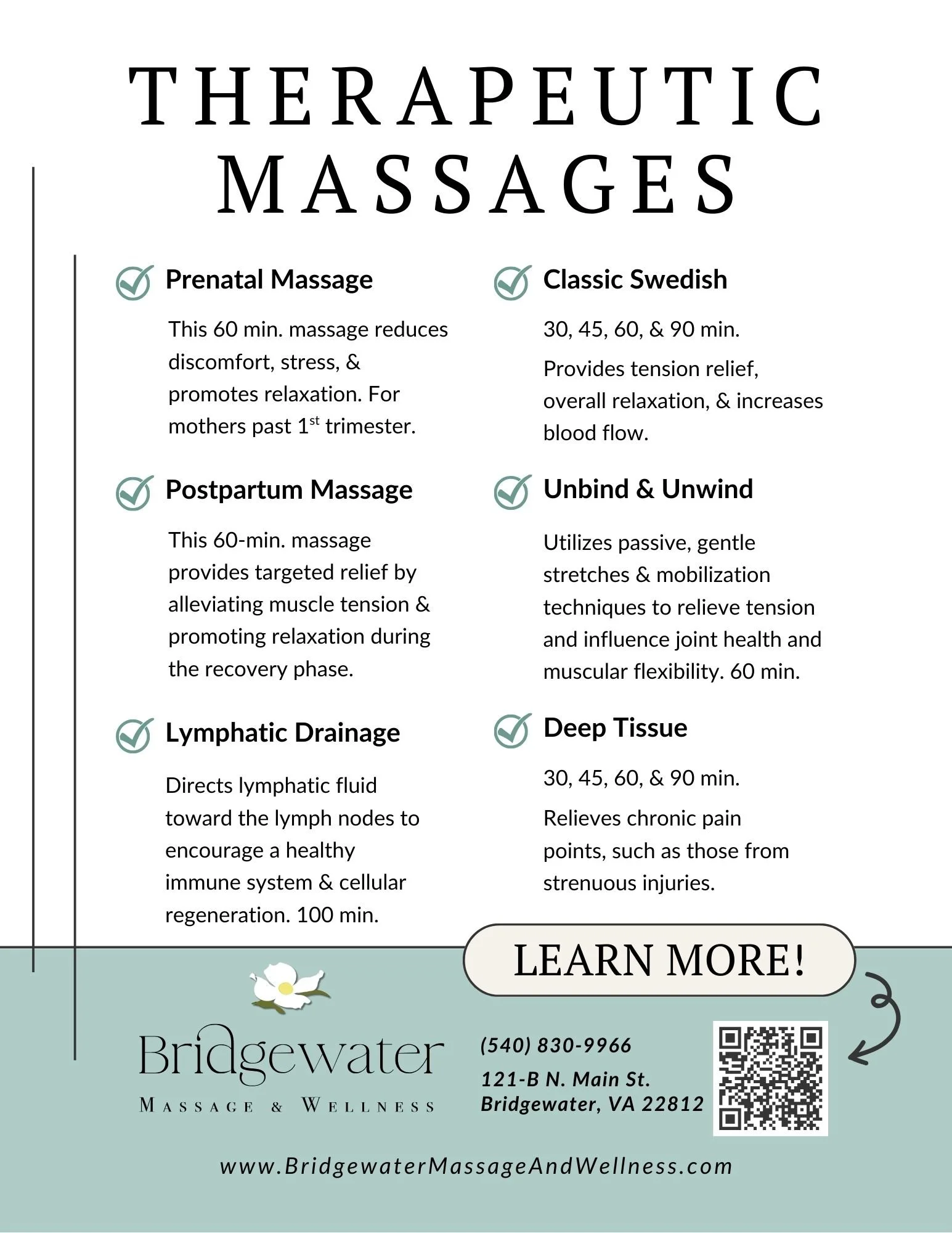 A "THERAPEUTIC MASSAGES" flyer marketing service names, descriptions, and info on how to learn more.