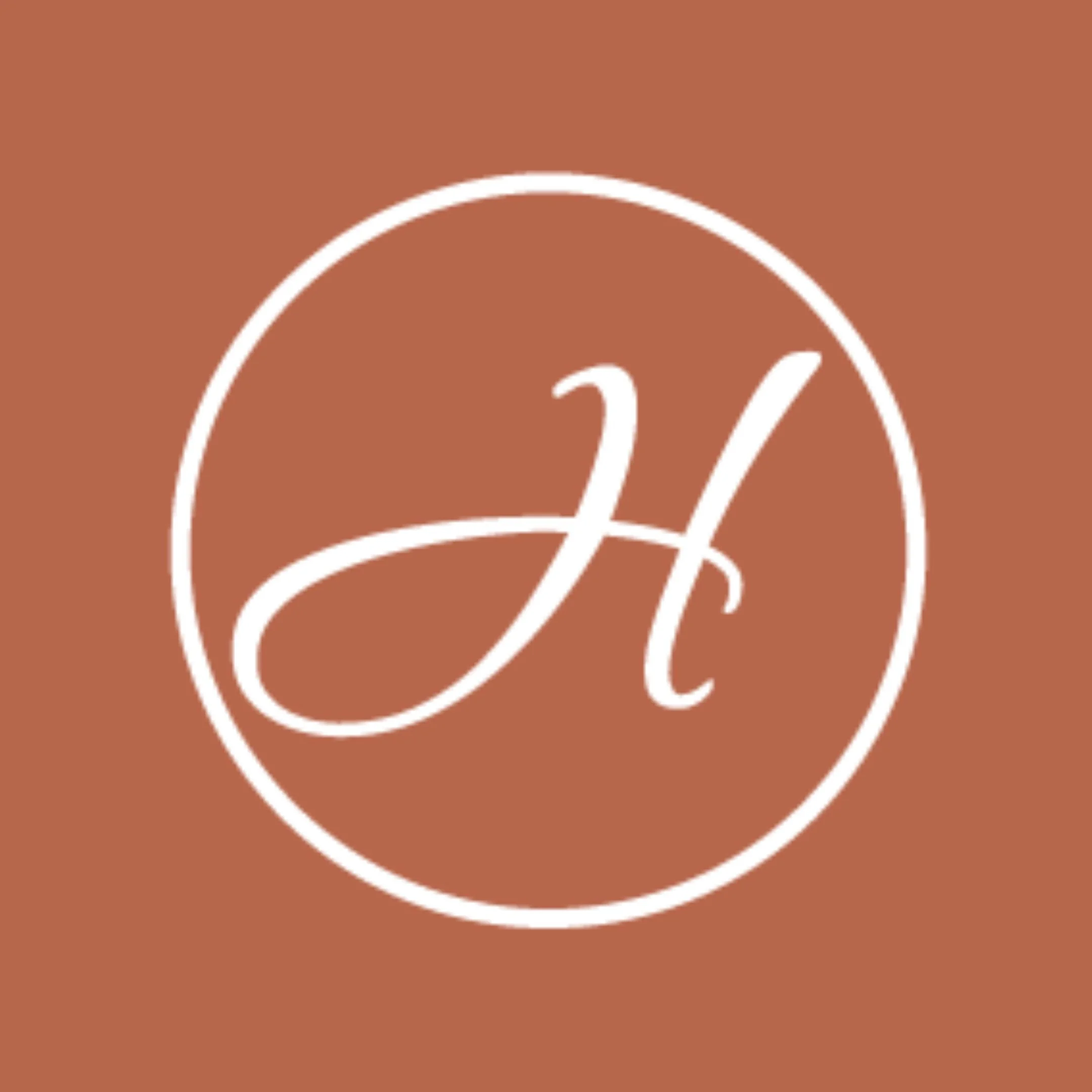 White scripted "H" inside of a white circle