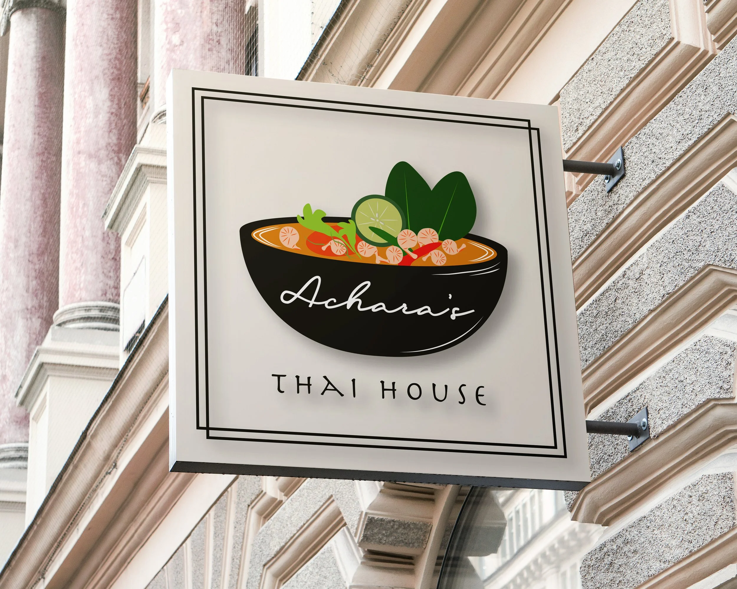 Black pho bowl with shrimp and leaves sticking up, "Achara's" in white script on bowl, "THAI HOUSE" in black under, in black double rectangle on cream building sign