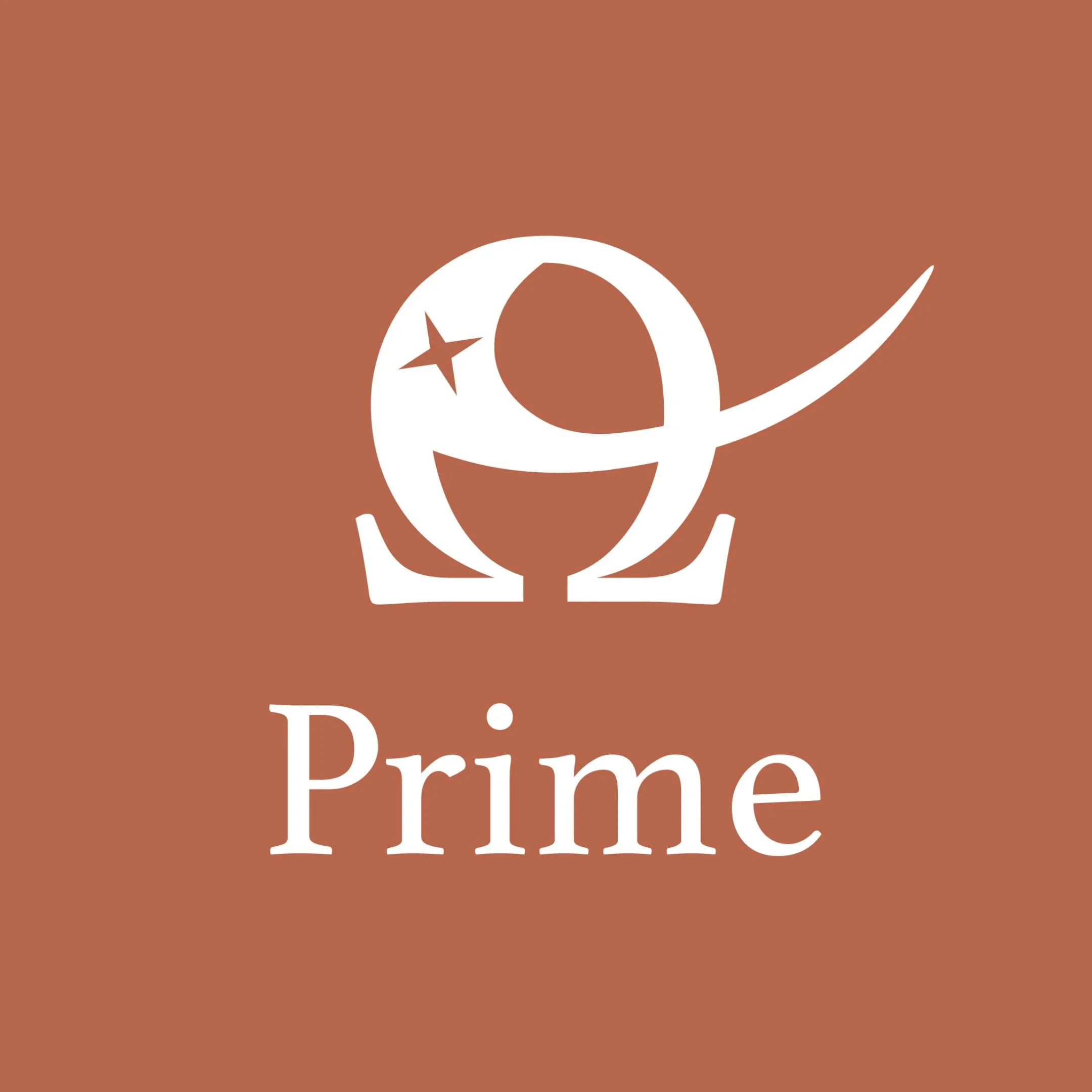 All white logo for Prime Solutions Biomedical featuring an omega (Greek letter) with a swish and star, and "Prime" underneath.