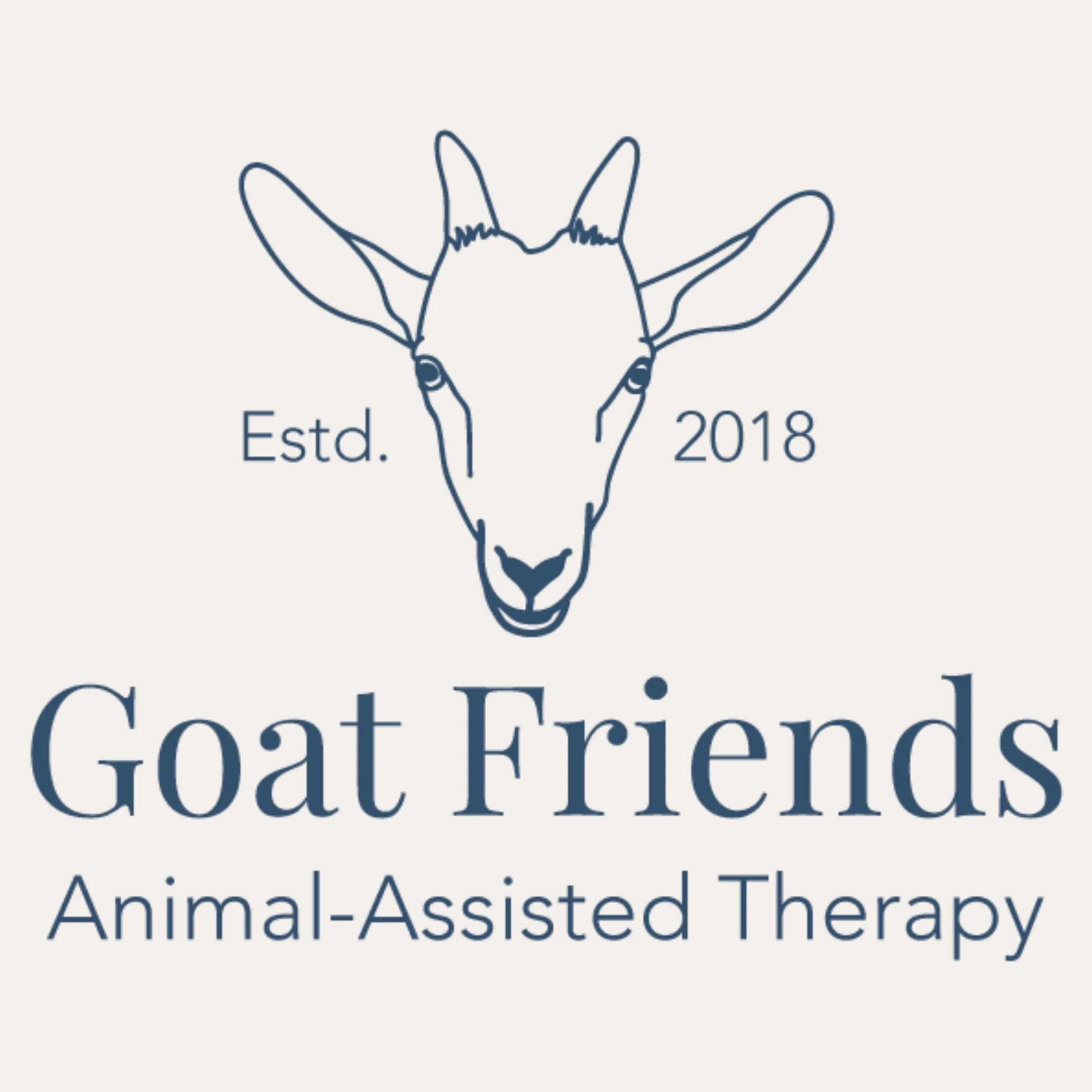 Outline of goat head with "Estd." and "2018" on either side, centered above "Goat Friends," which is centered above "Animal-Assisted Therapy." Logo is in all navy blue.