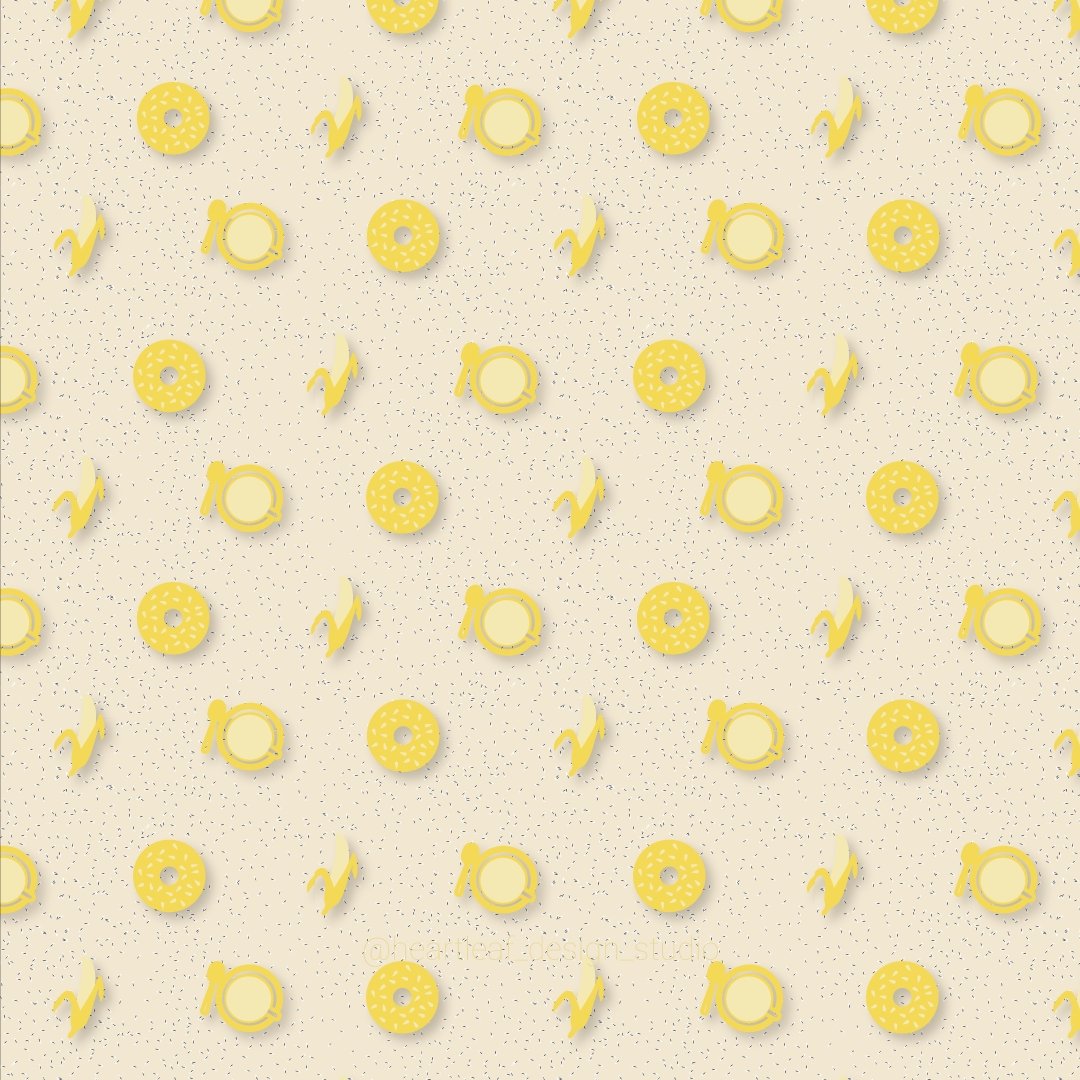 A background with a pattern of repeating bananas, bagels, and coffee cups is shown over a background of yellow with black and yellow specs representing bagel seasonings.