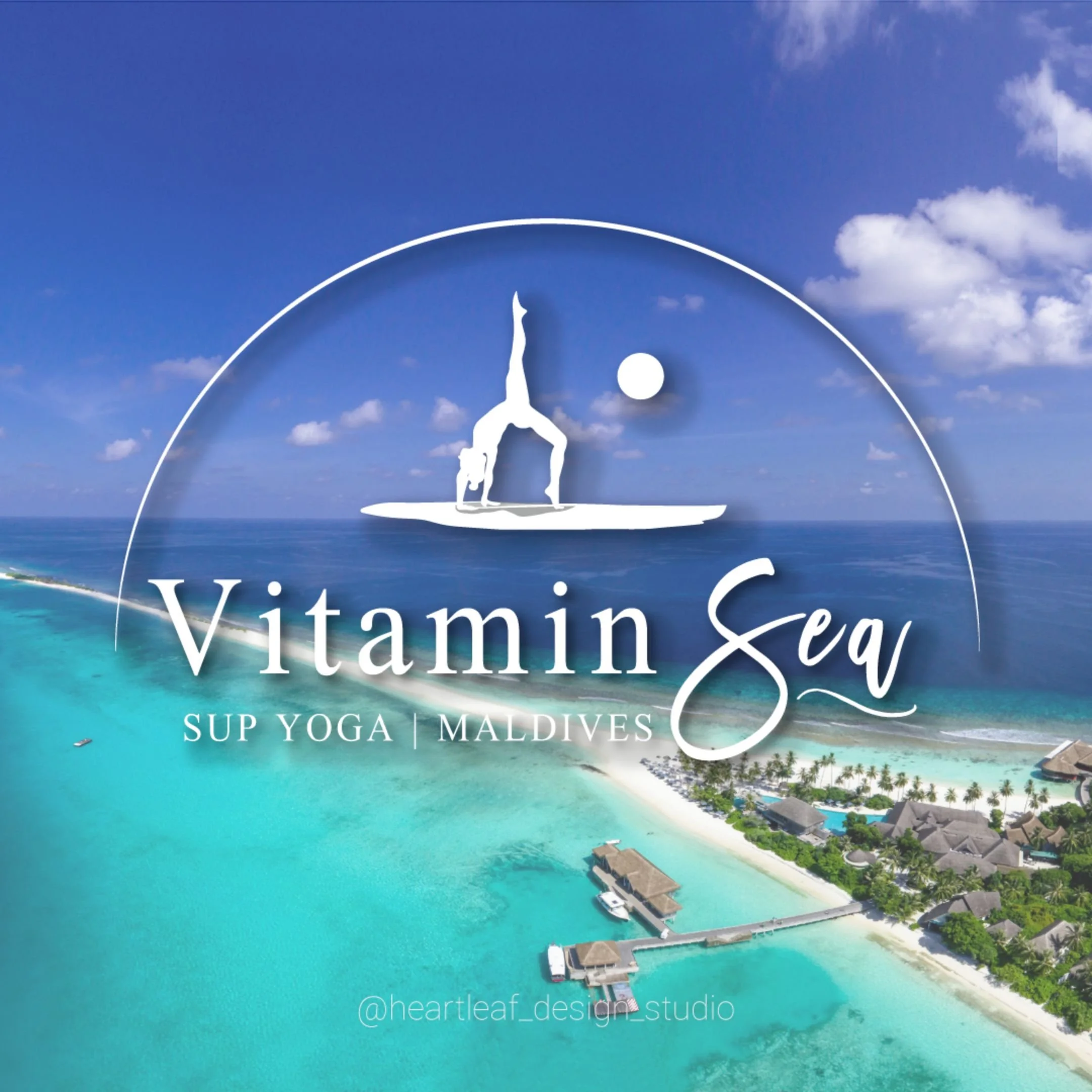 Image Alt Text: All white Vitamin Sea SUP Yoga logo is placed over aerial image of Maldives. Logo: A paddle boarder is in yoga pose with one foot pointed in the air, the sun is to the right and a semi circle is above. "Vitamin Sea SUP YOGA | MALDIVES