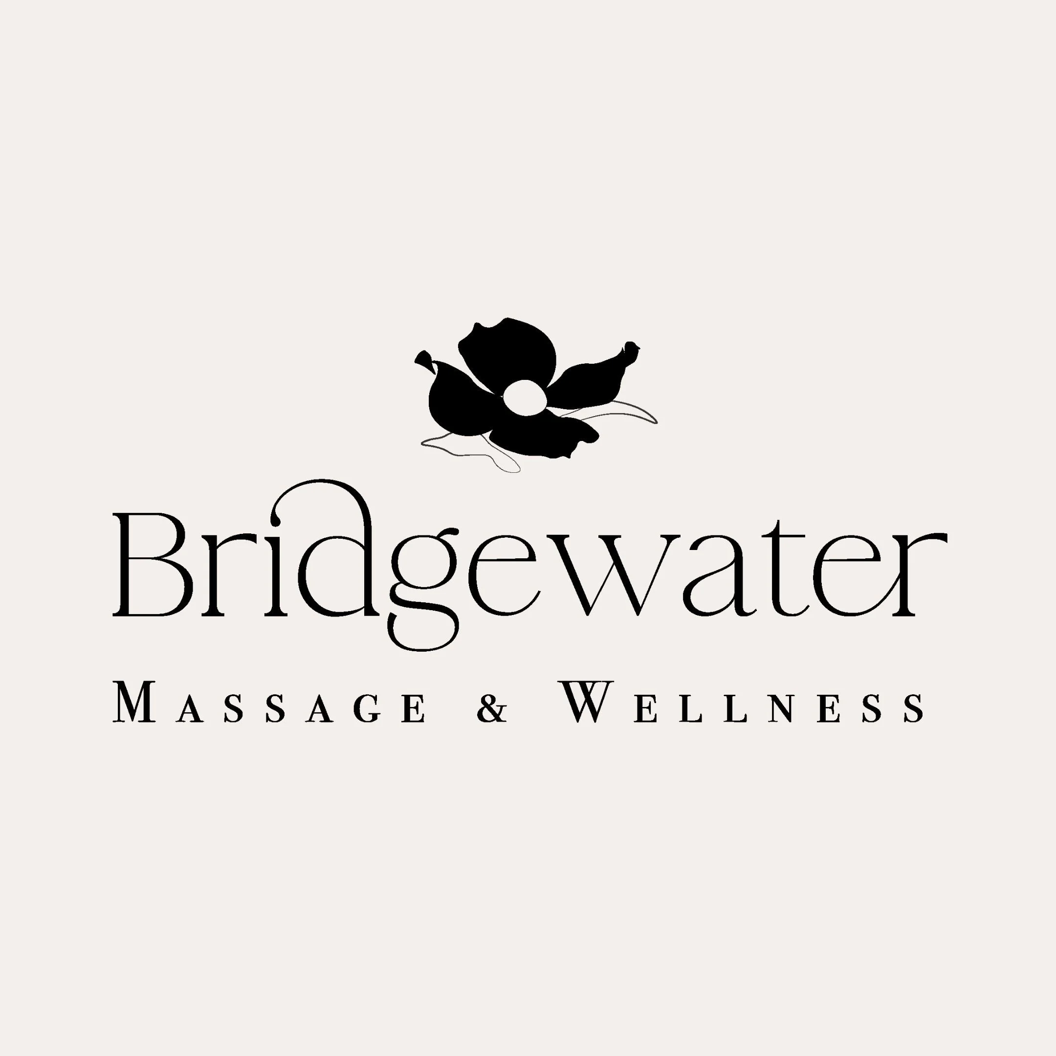 All black logo for "Bridgewater Massage & Wellness" featuring a black and white dogwood flower above the business name.