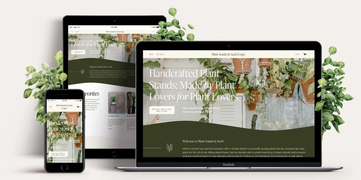 New home page is mocked up on mobile, tablet, and laptop, with plant accents on the left, top middle, and right.