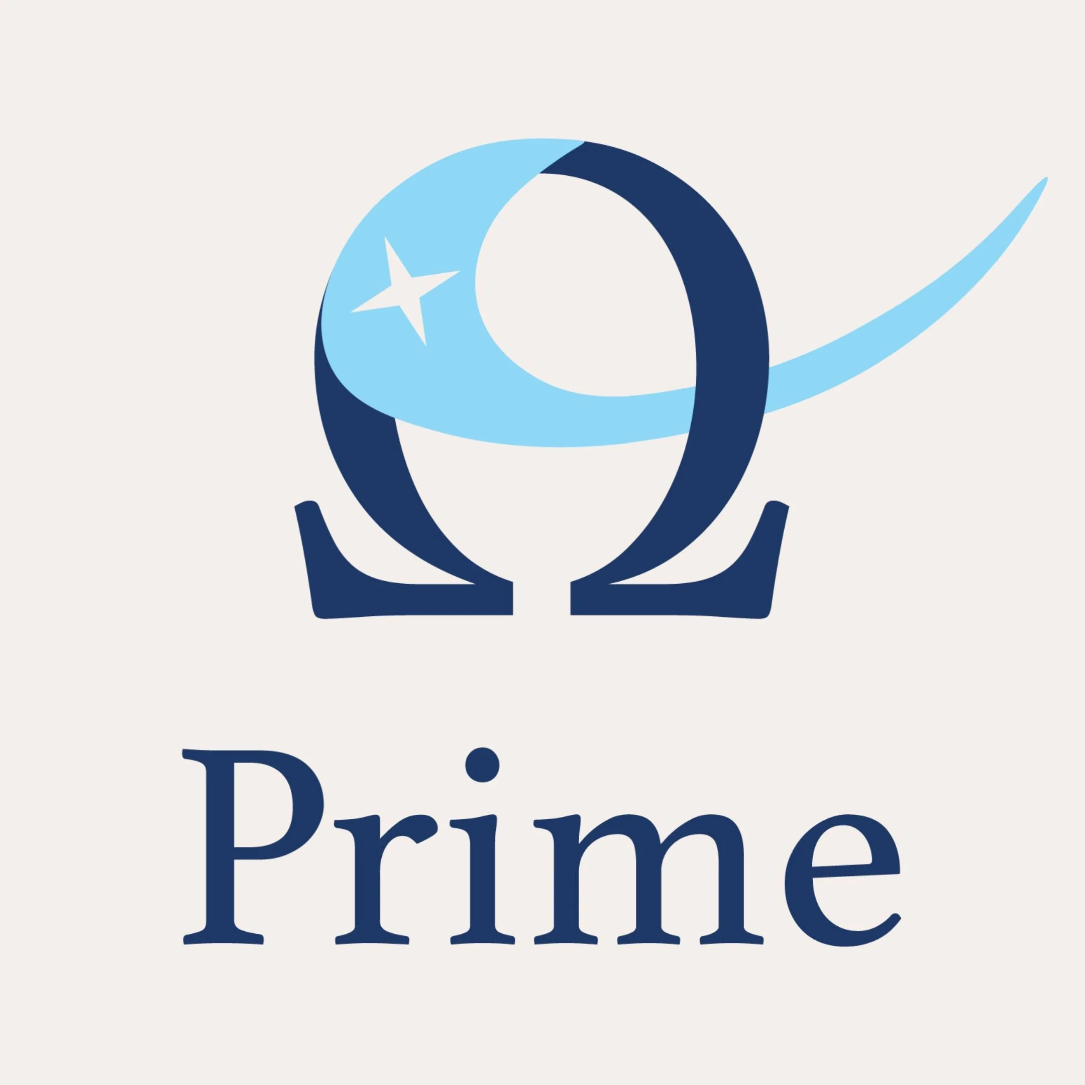 Full color logo: A navy blue Omega with a light blue swish and star cutout is placed above "Prime" in navy blue lettering.