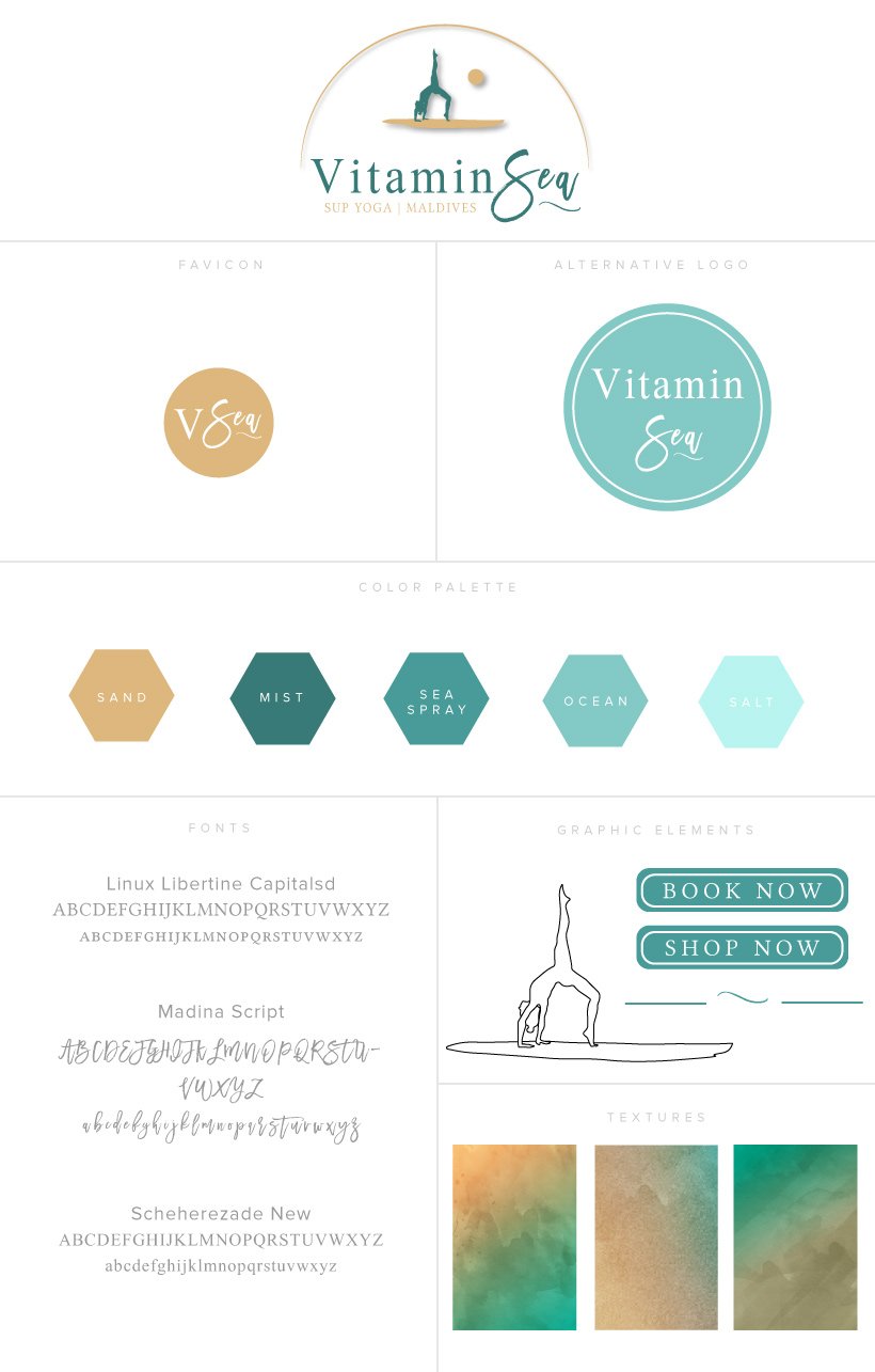 Brand board depicts full color logo, alternate logo, logomark, color palette, graphic elements, custom icons, and font pairings