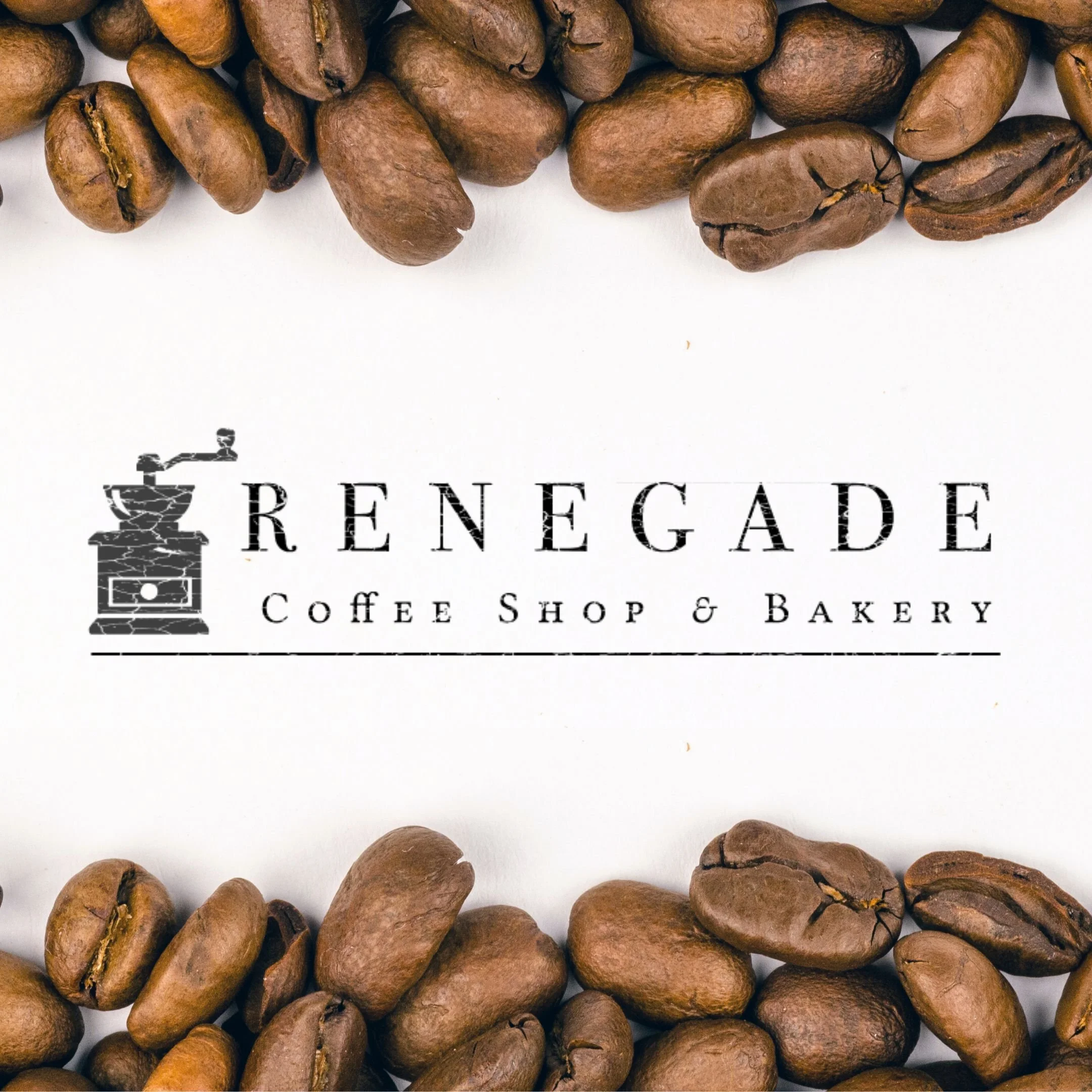 Renegade Coffee Shop & Bakery logo with coffee grinder on left and coffee beans on top and bottom