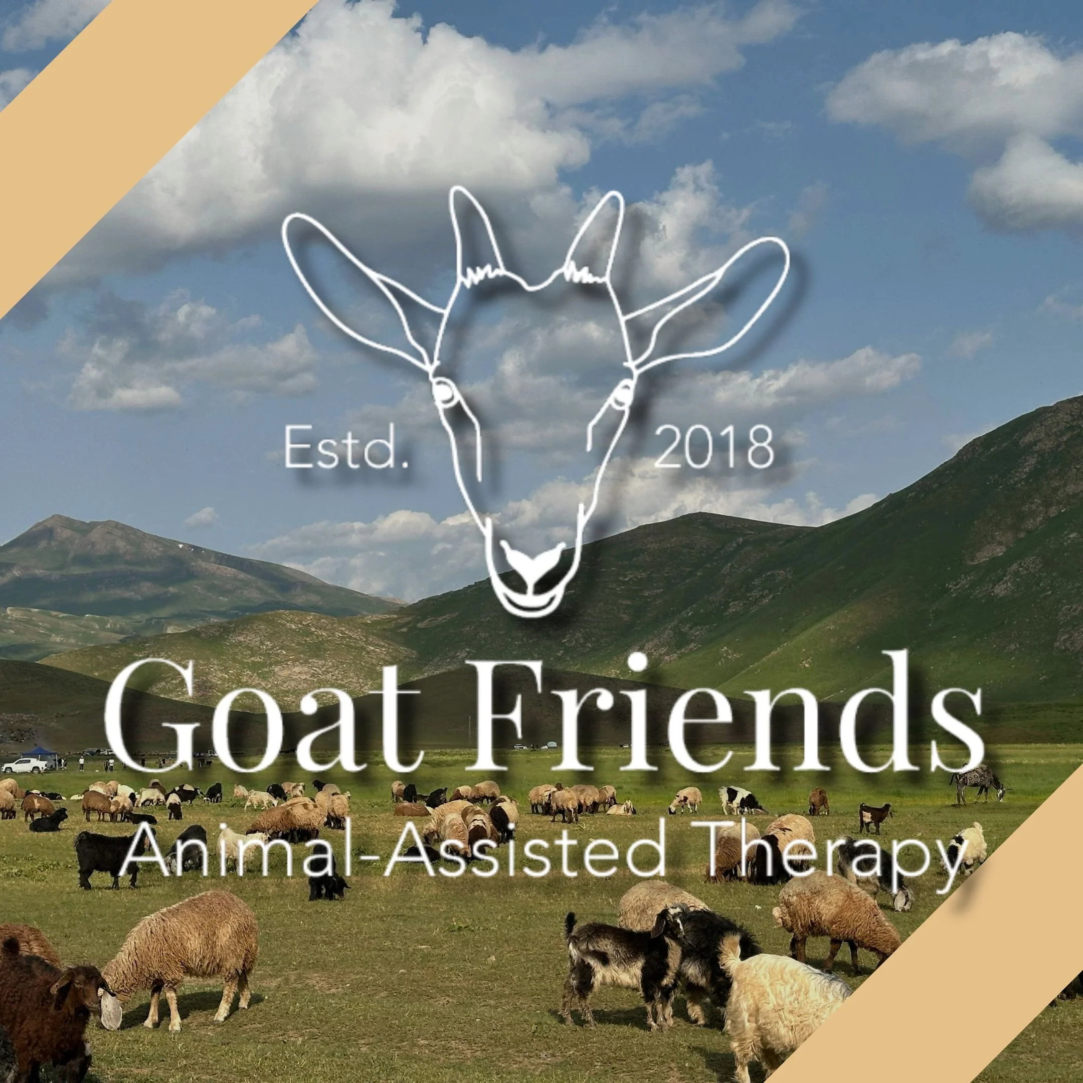 Goat Friends all-white logo is centered over image of grassy field with goats grazing and mountains in the background. A yellow stripe is over top left and bottom right corners.