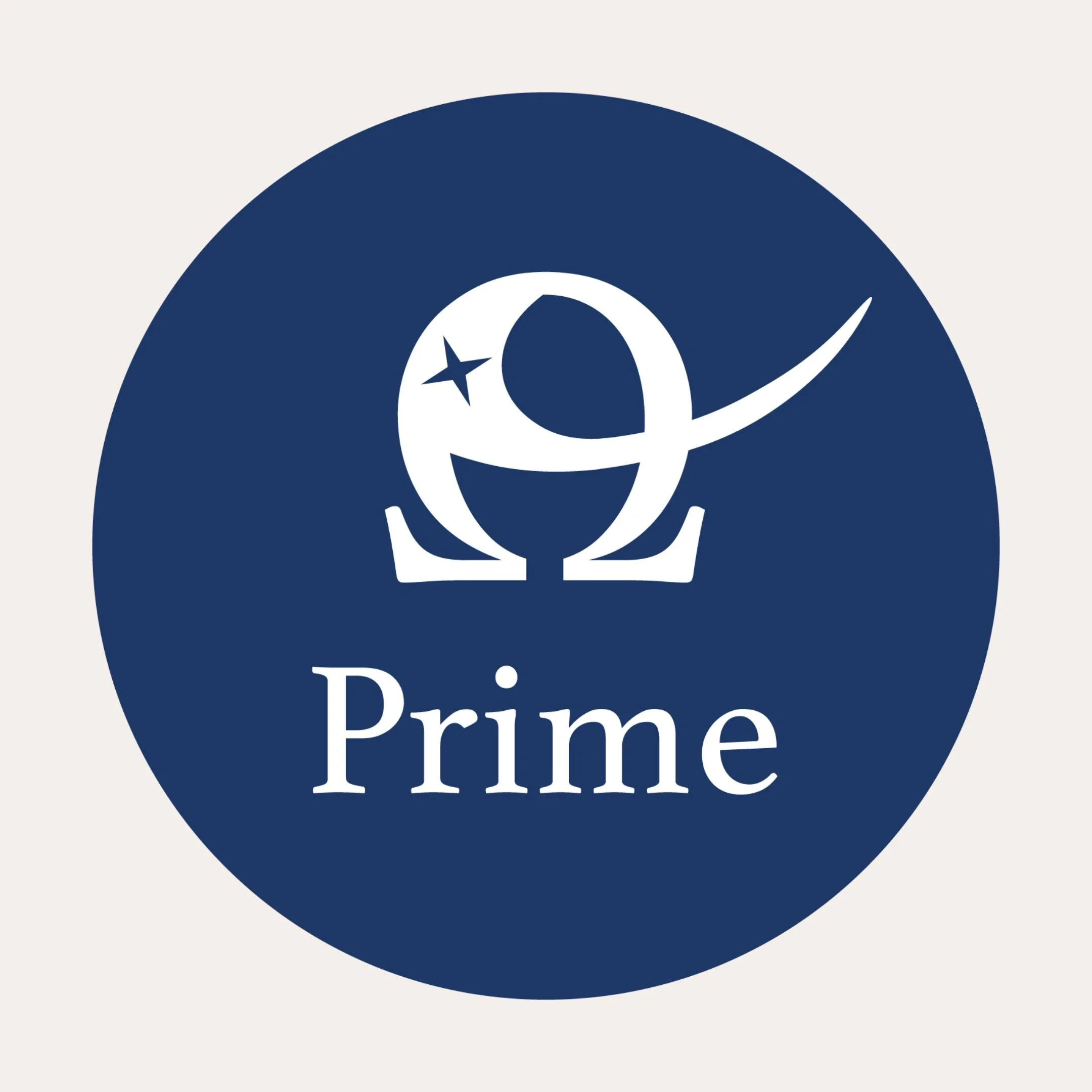 All white logo is shown on navy blue circle background