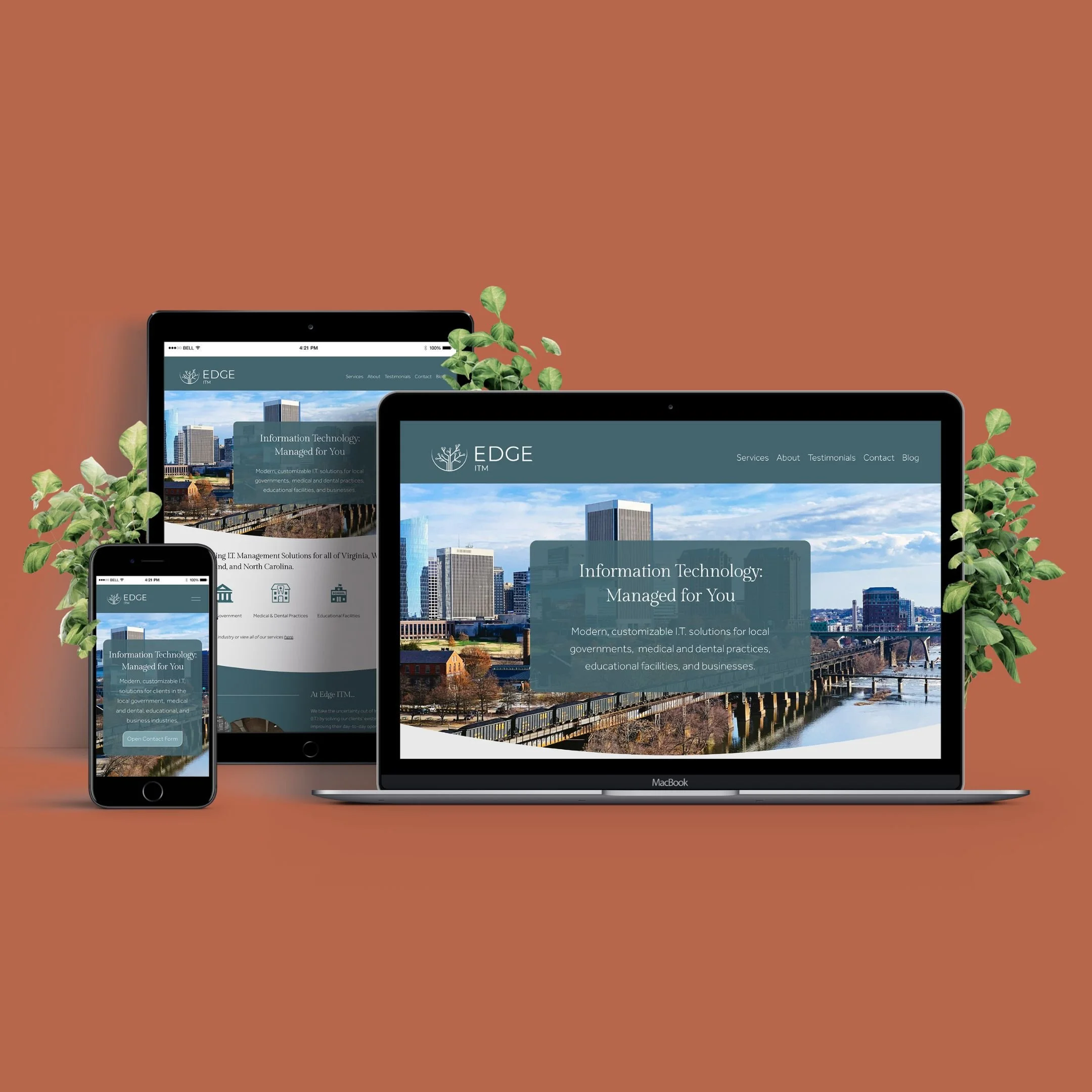 Left to right: EDGE ITM's new website is mocked up on a mobile phone, tablet, & laptop. Green plants accent on the left, middle, and right.