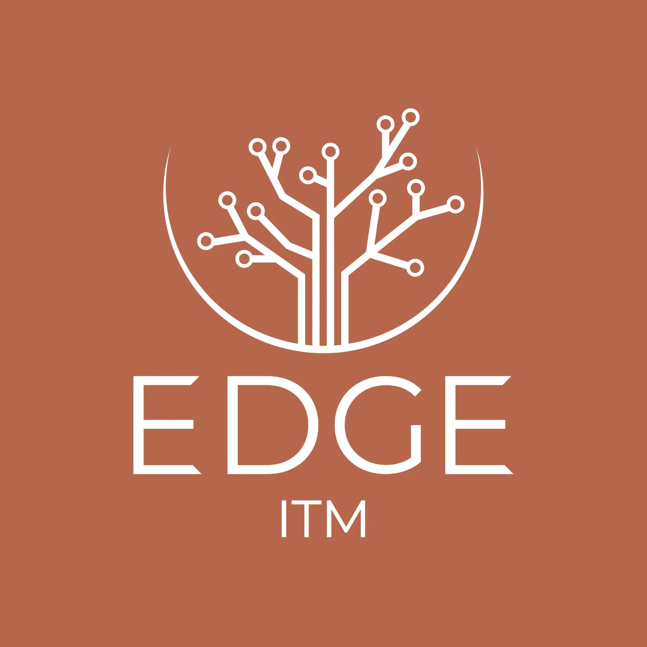 A logo featuring a stylized white tree with rounded nodes at the end of its branches, enclosed within a white circle on a brown background. Below the tree, the word 'EDGE' is written in large white capital letters, with smaller text beneath that reads 'ITM'.