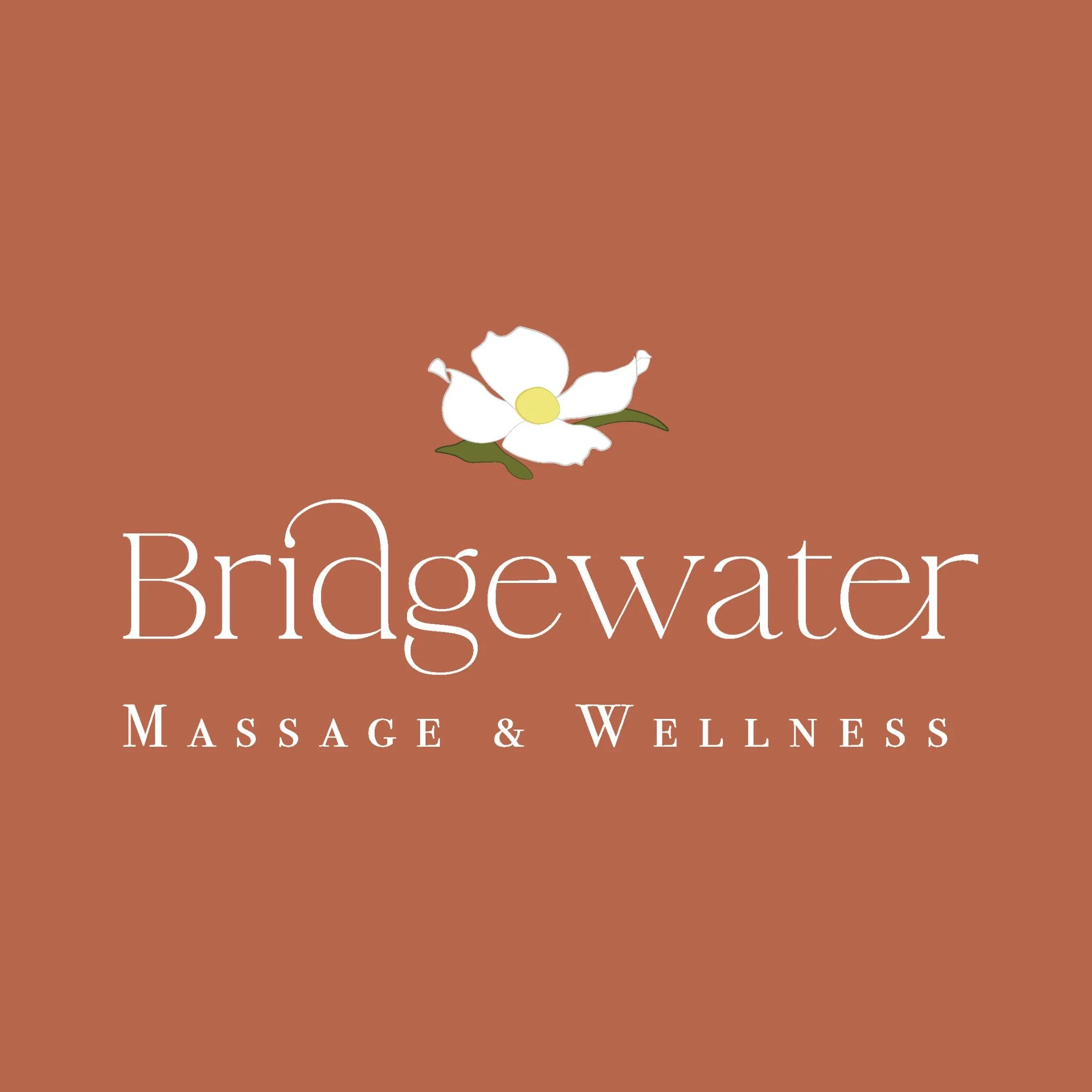 A logo with a white flower with a yellow center and green leaves against a brown background, with white text reading 'Bridewater Massage & Wellness'.