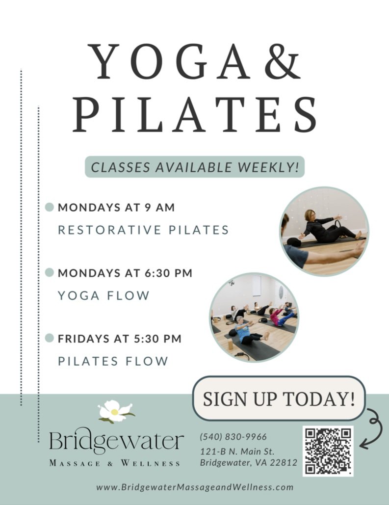 A "YOGA & PILATES" flyer marketing class names, schedules, class images, and how to sign up for classes.
