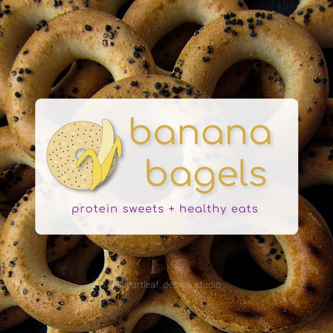Logo is placed on white semitransparent background, placed over image of stacked bagels with black seasonings