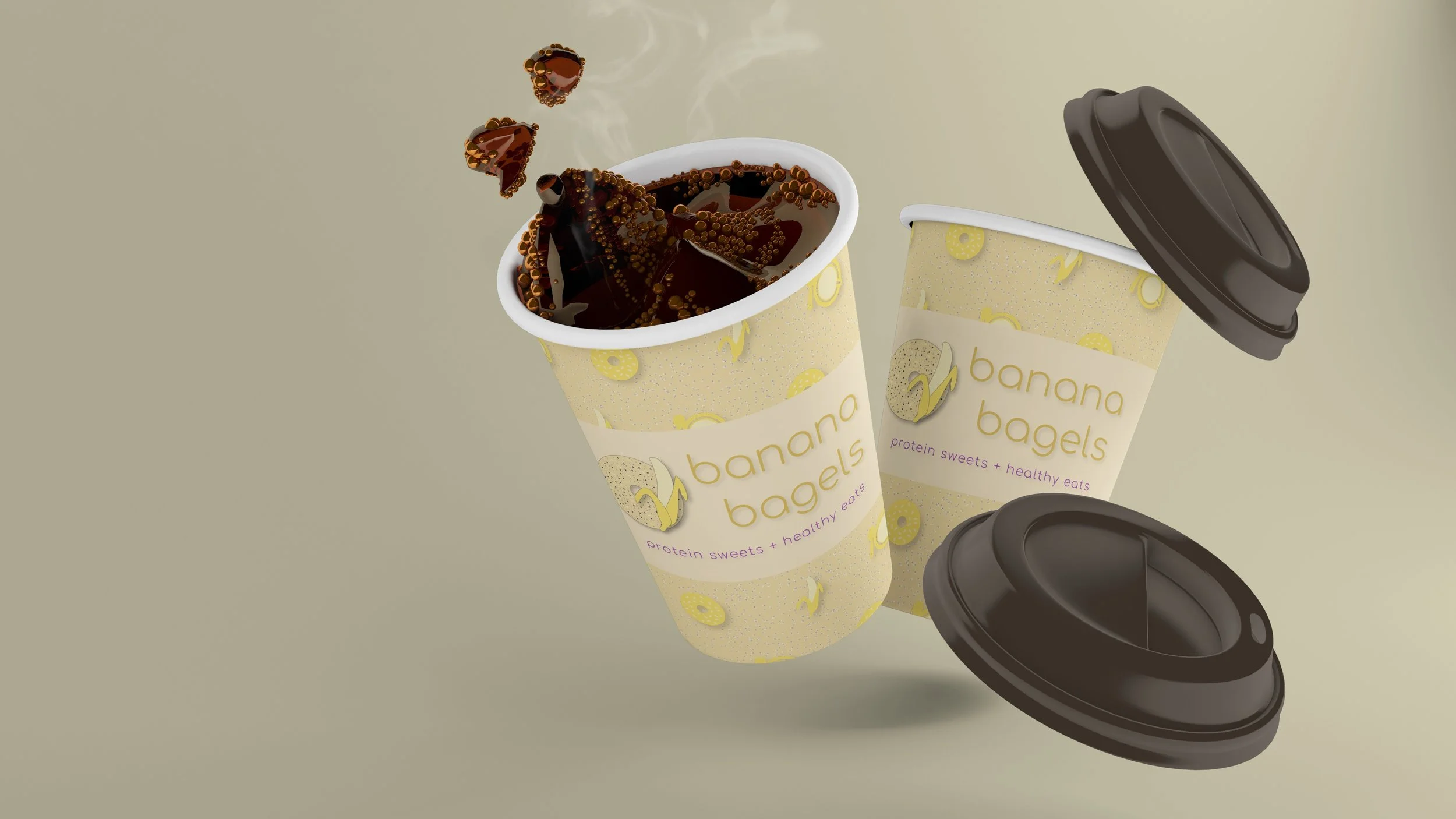 To go cups with splashing coffee and brown lids next to cups. Cups have bagel, banana & coffee patterned background with full color logo on white rectangle over top. Coffee cups are on dark cream background