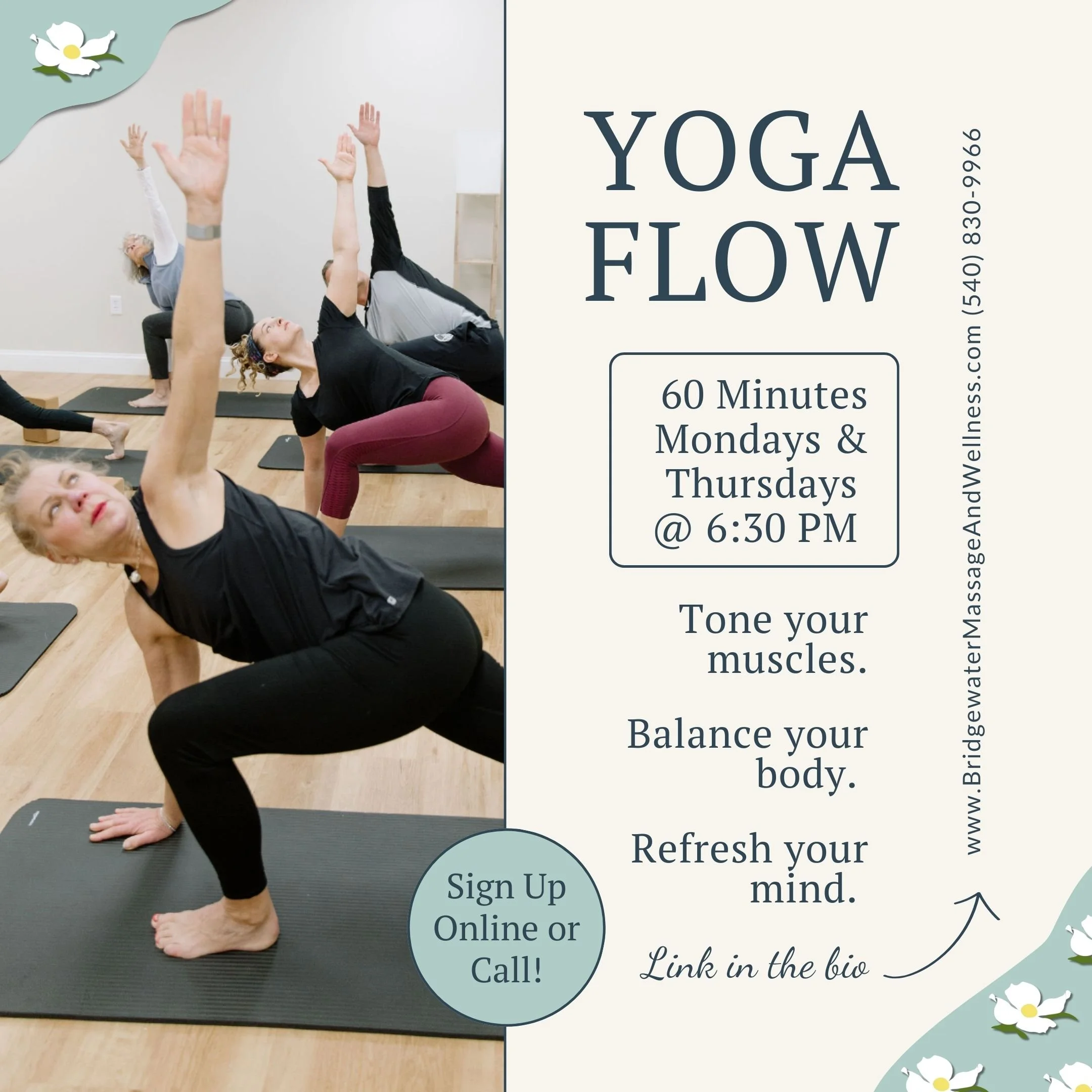 Social media graphic showing attendees on yoga mats with arms raised up, and "YOGA FLOW" and class info on the right.