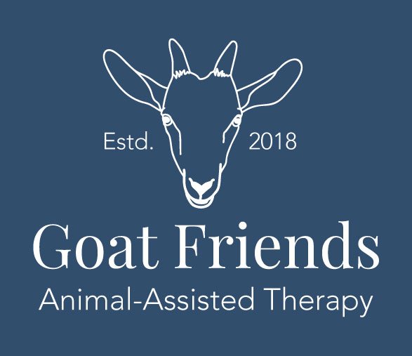 All white Goat Friends logo is placed on a rectangular navy blue background