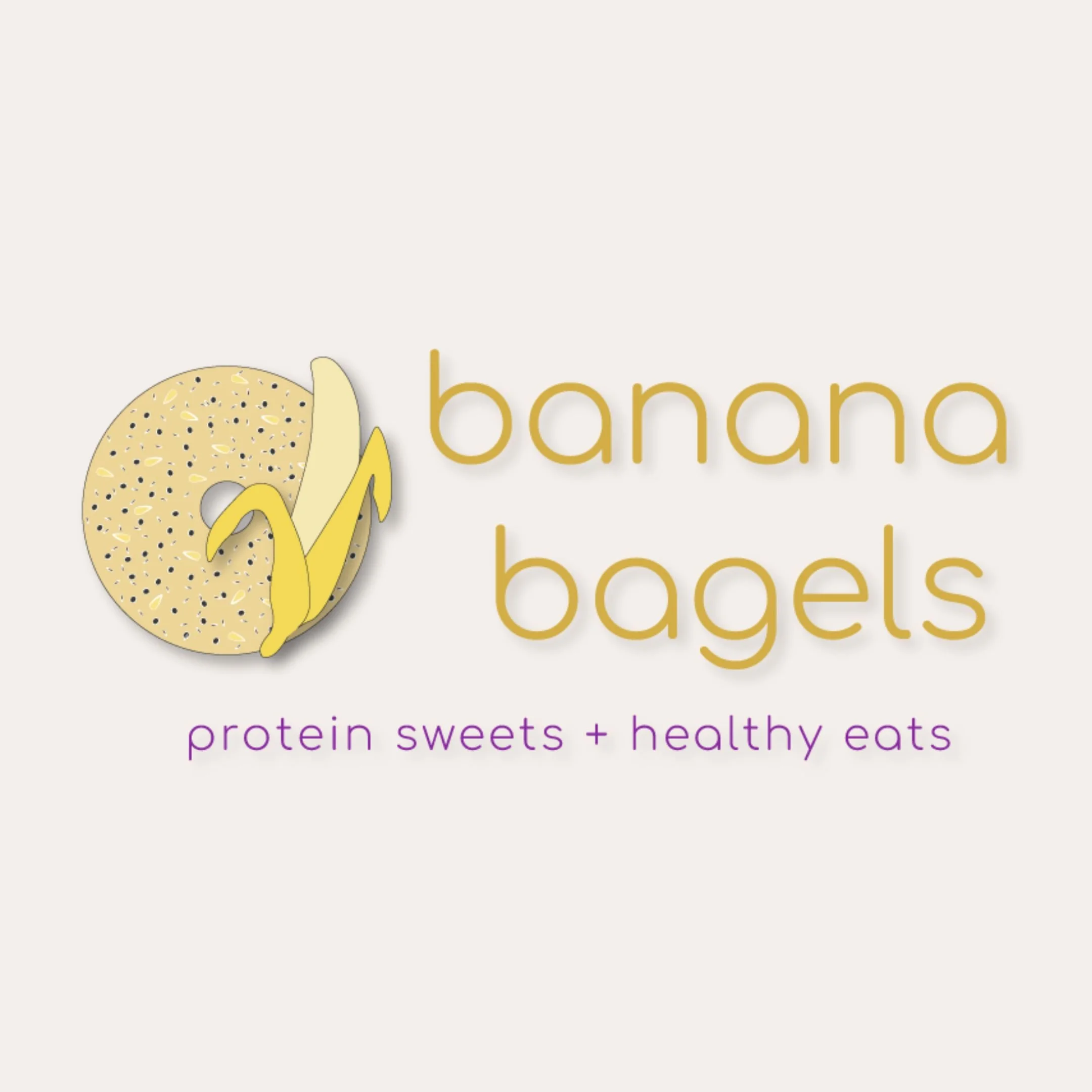 A yellow bagel with black and yellow seasonings and a partially peeled banana on its right, with yellow "banana bagels" to the right, is centered over "protein sweets + healthy eats" in purple lettering