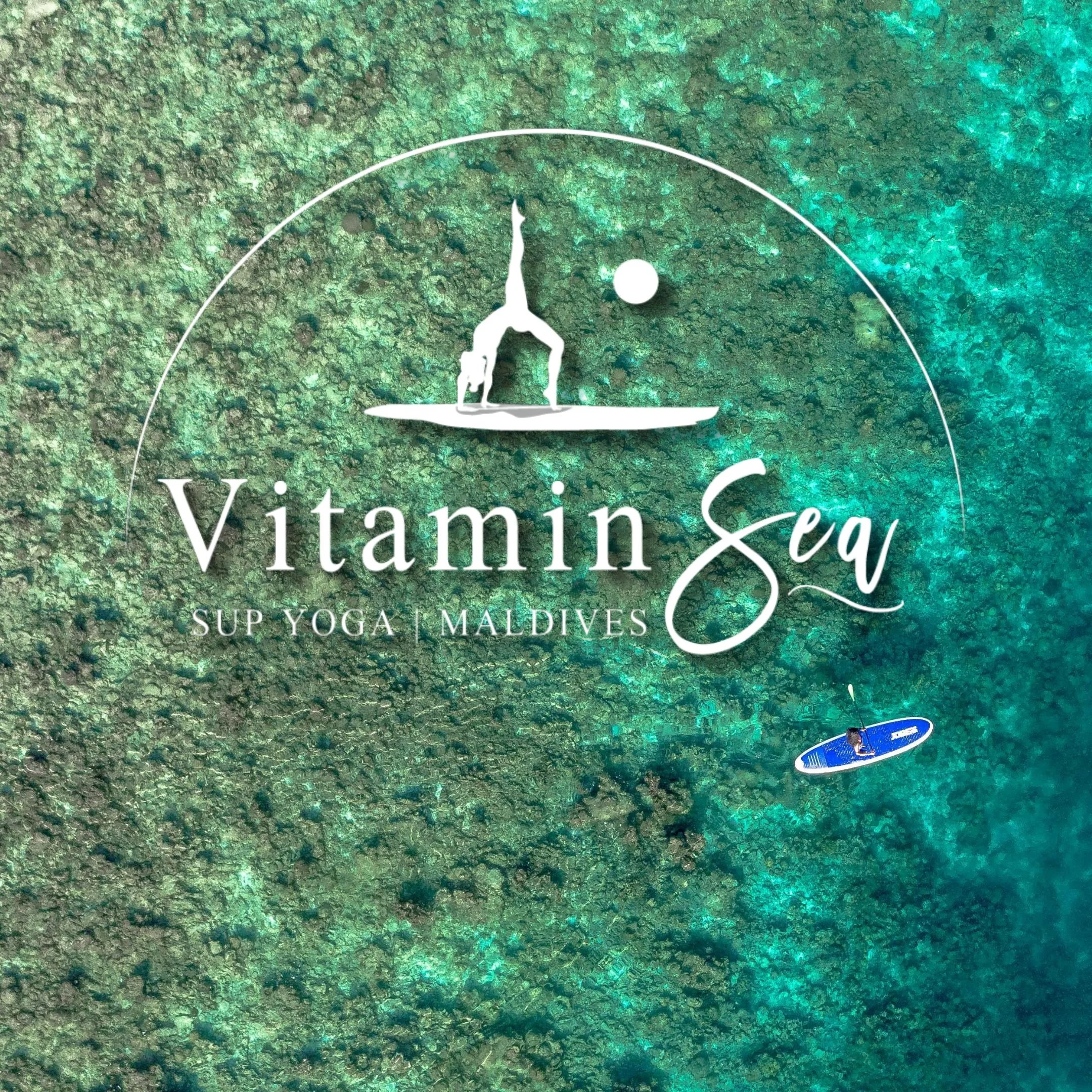 All white Vitamin Sea logo placed over aerial image of shallow ocean water with aquatic vegetation and paddle boarder on blue & white board